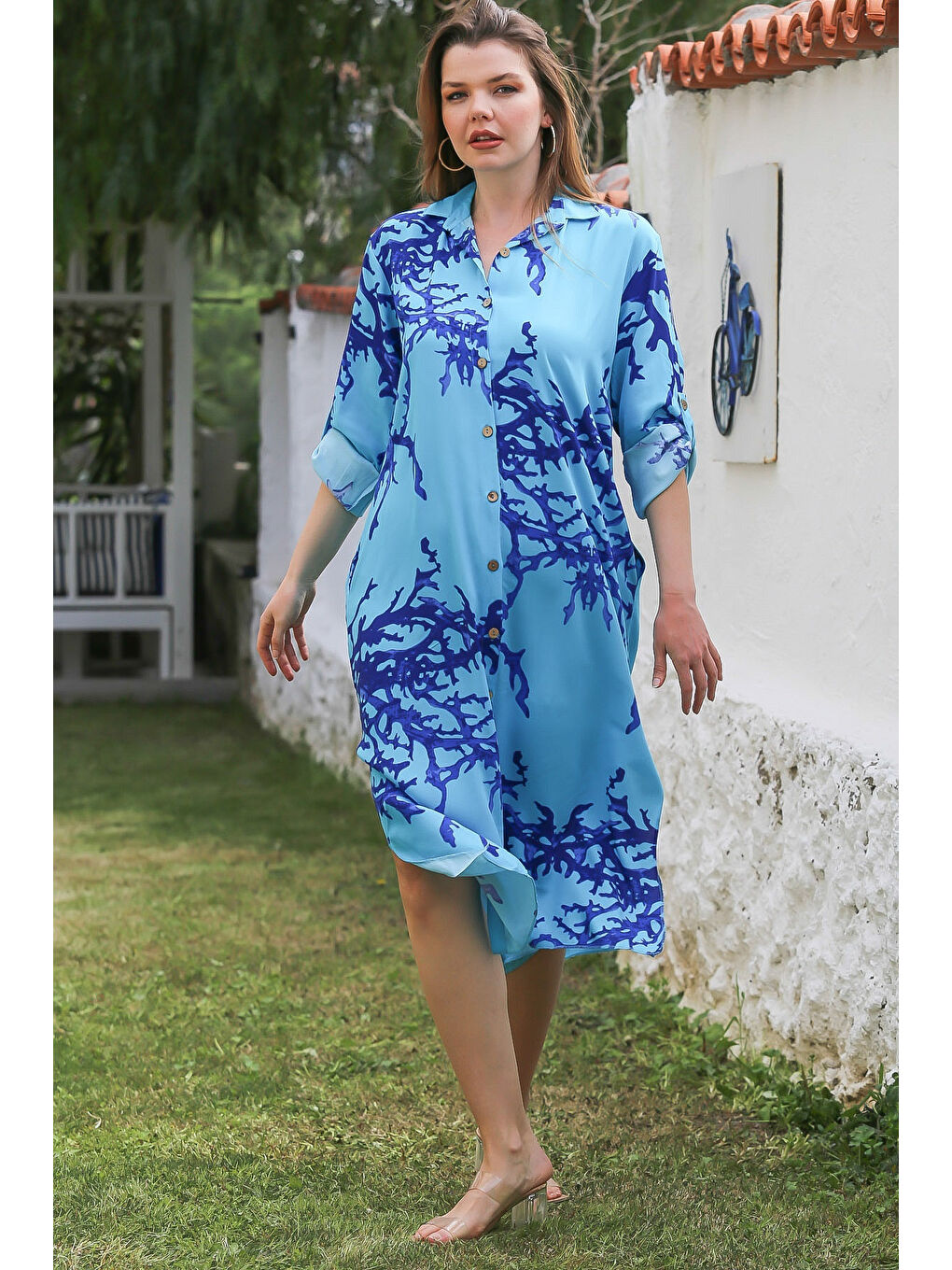 Açık Mavi Gömlek Yaka Düğmeli Uzun Kollu Gizli Cepli Yırtmaçlı Casual Viskon Dokuma Elbise 125 65-5