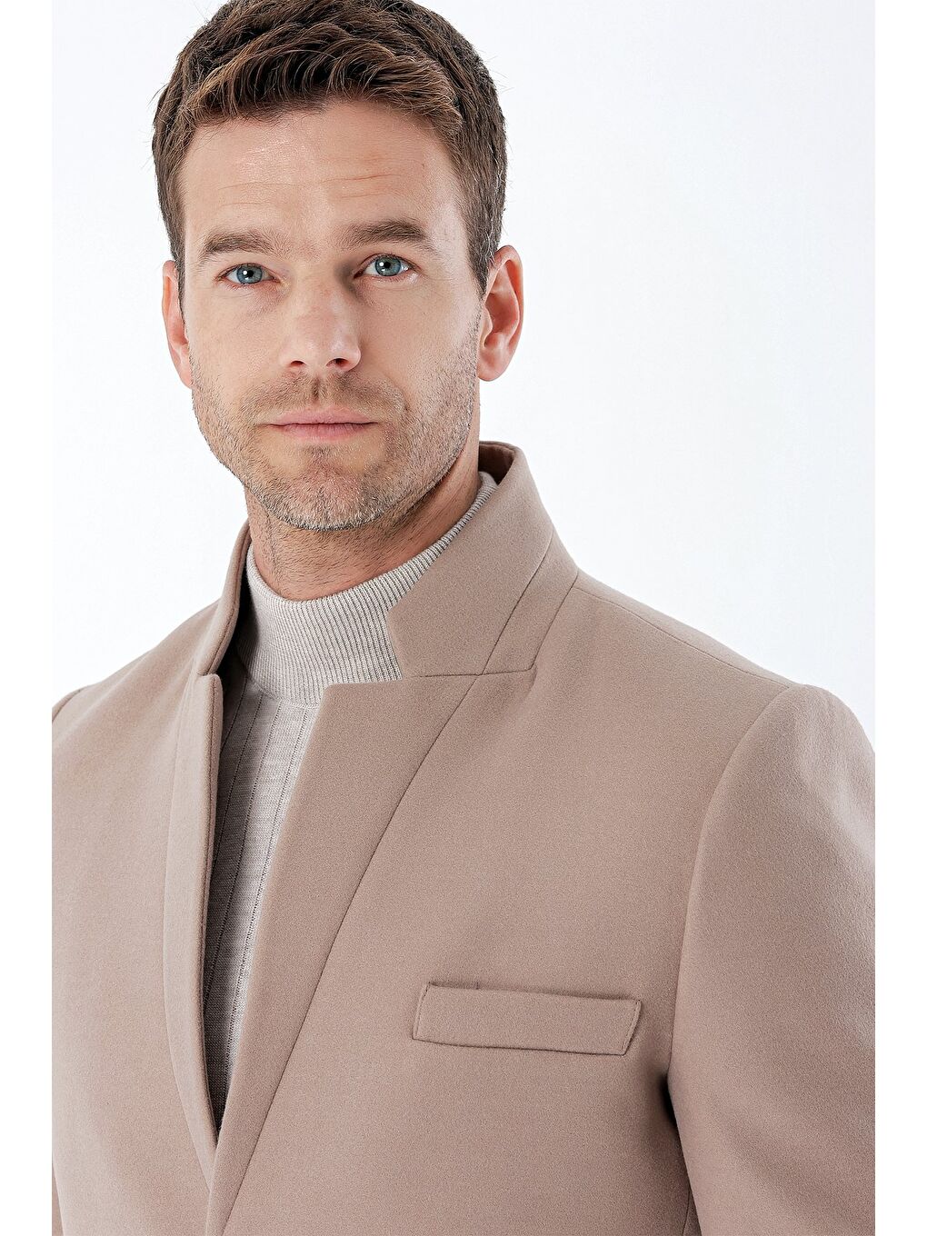 Bej Taş Rengi Kaşe Mono Yaka Kapitoneli Astar Slim Fit Dar Kesim Klasik Kaban 1008235171-6