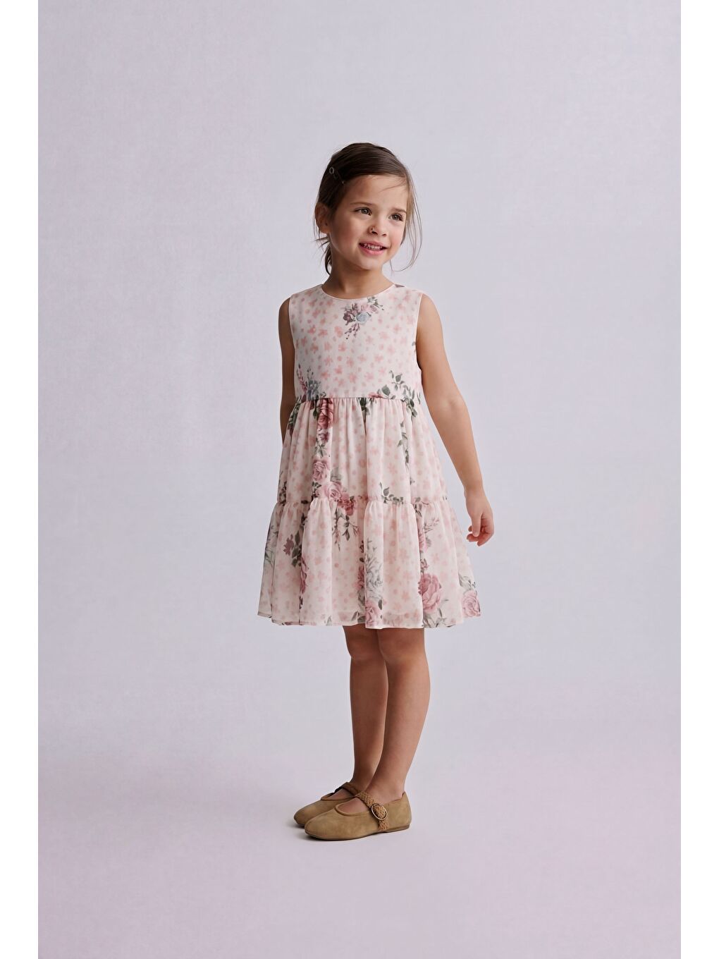 Karışık Kız Çocuk Pamuklu Pudra Çiçek Desenli Kat Kat Elbise