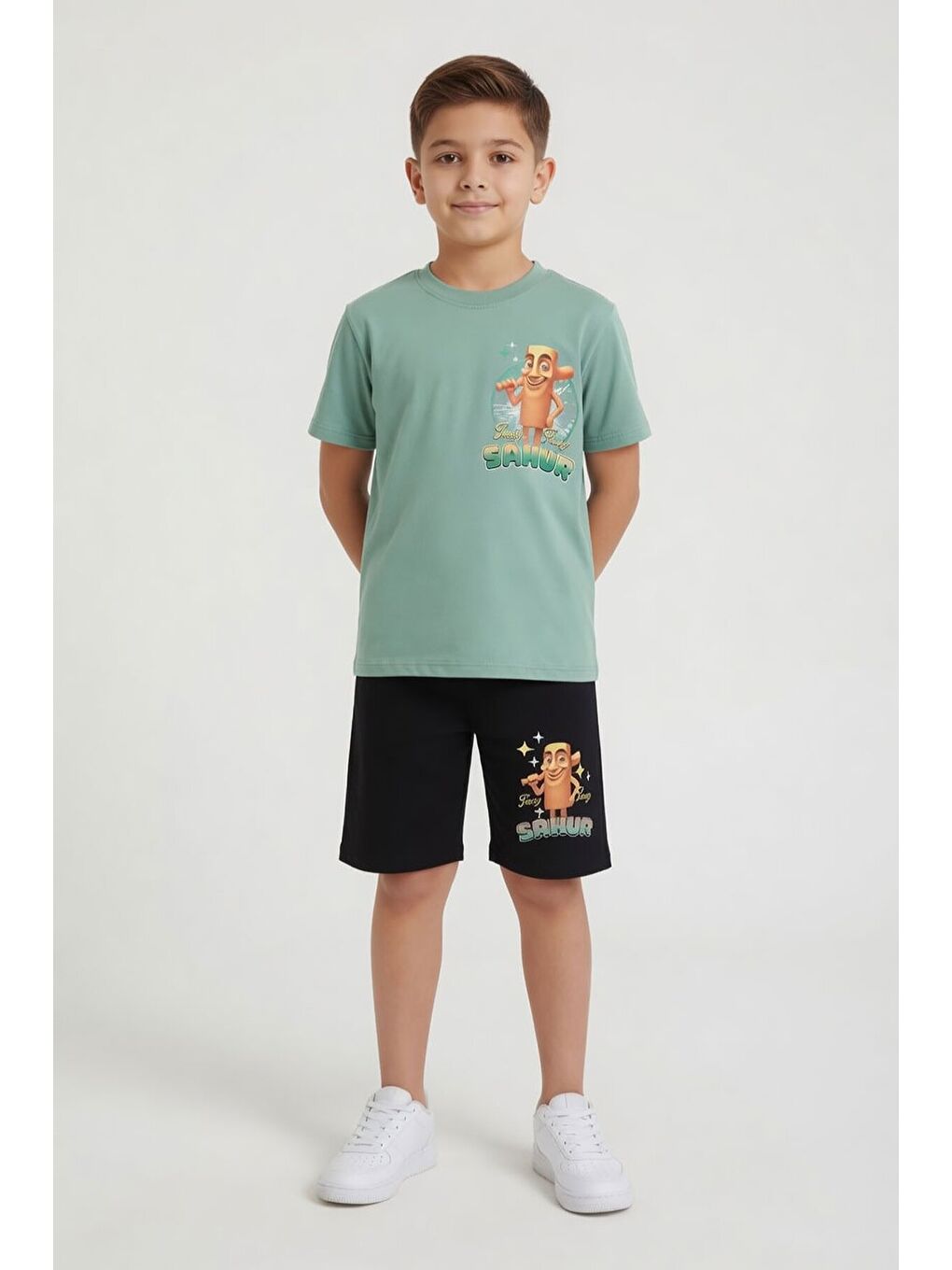 Yeşil Erkek Çocuk Bisiklet Yaka Tişörtlü Şortlu 2li Baskılı Takım 23999-2
