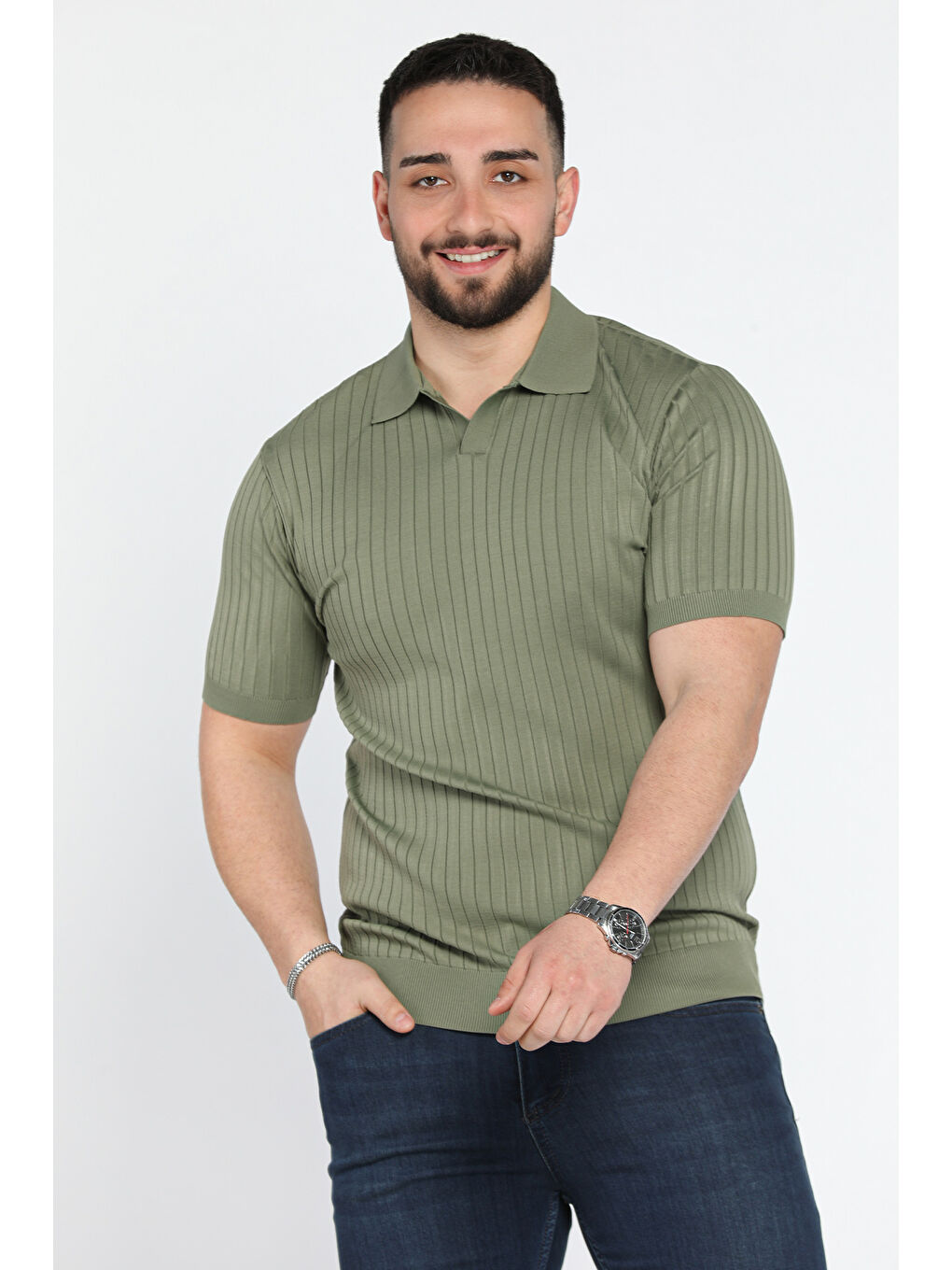 Haki Erkek Polo Yaka Kendinden Çizgi Desenli Triko Tişört