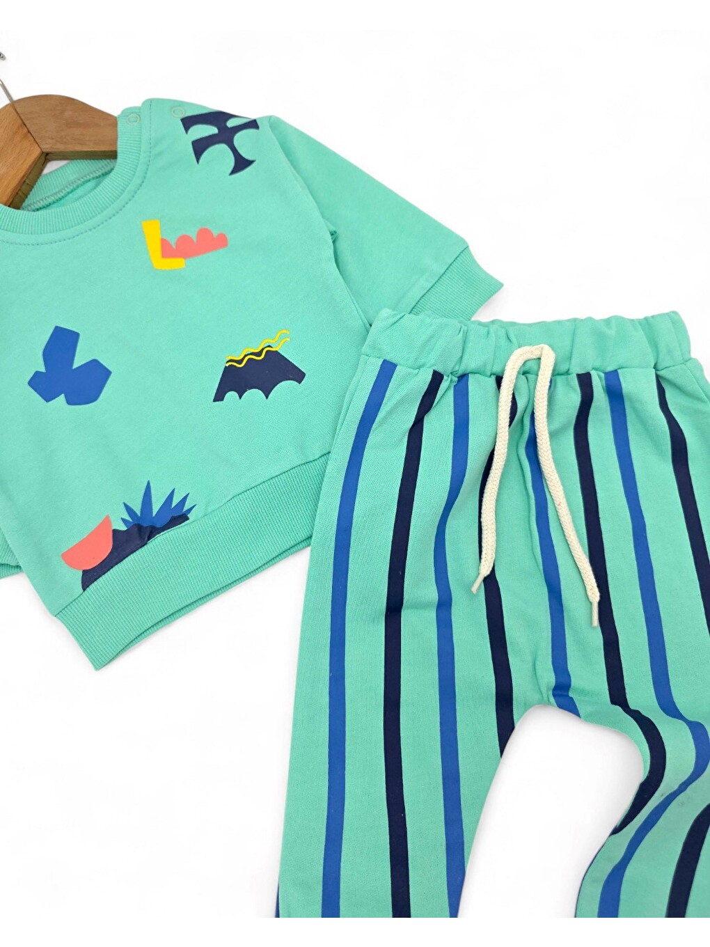 Yeşil Erkek Bebek Mevsimlil Baskılı Sweatshirt, Çizgili Altlı 6-9-12-18-24 Ay 2'li Alt Üst Takım-4