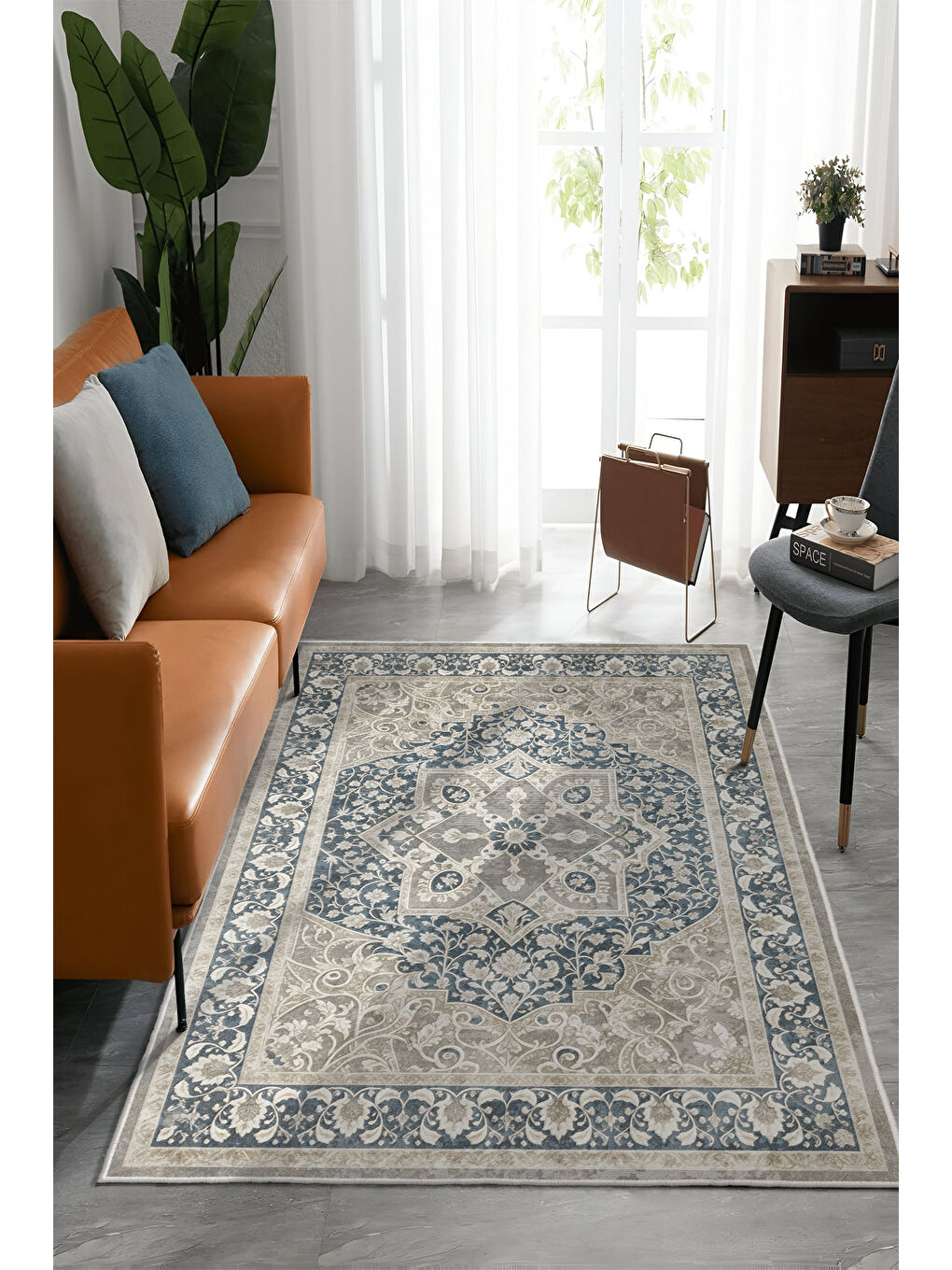 Mavi Dekoratif Özel Tasarım Yıkanabilir İnce Kaymaz Tabanlı Modern Halı KECE FR04-1