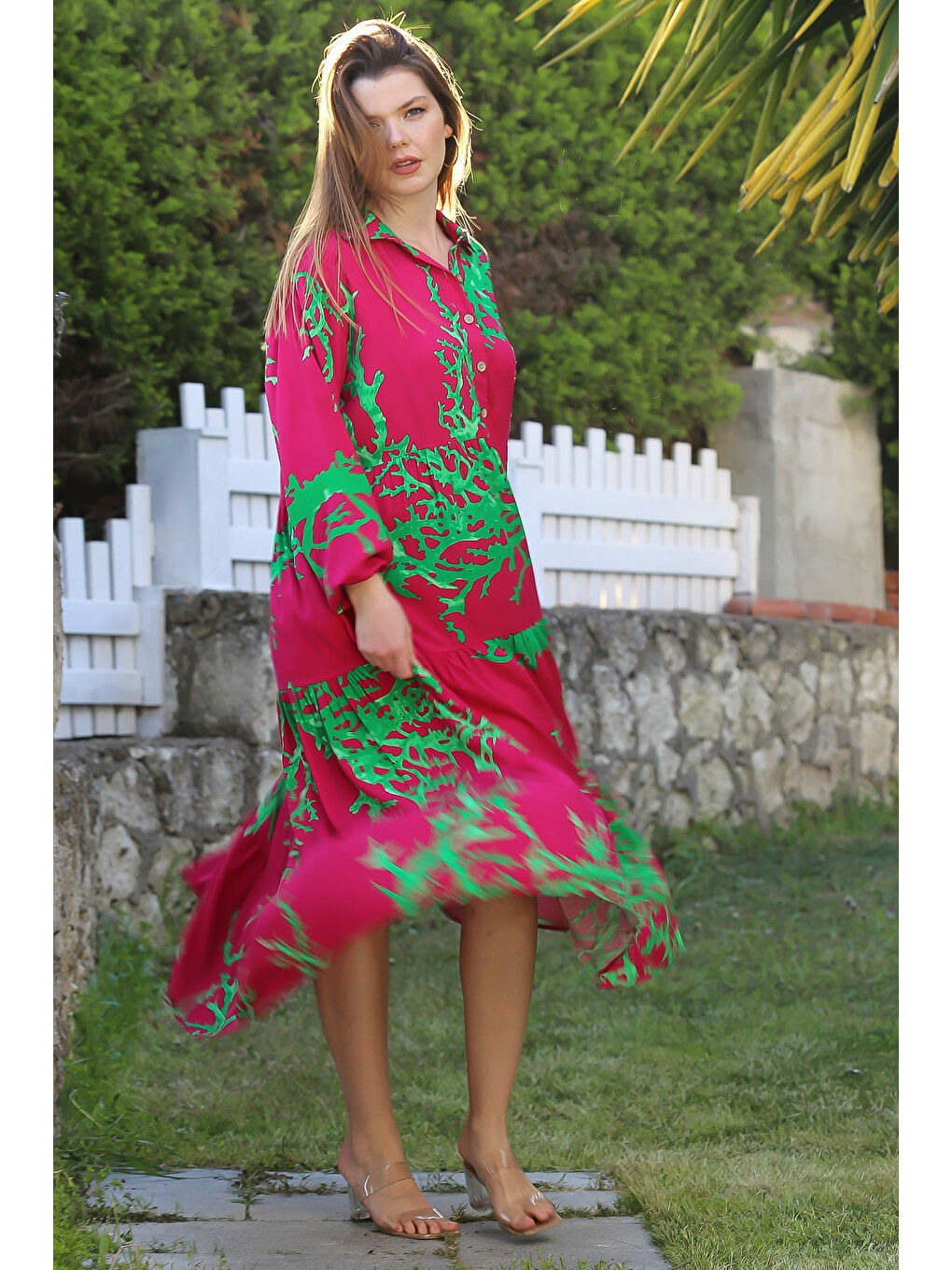 Fuşya Gömlek Yaka Balon Kol Düğmeli Eteği Fırfırlı Casual Viskon Dokuma Elbise 120 65-2