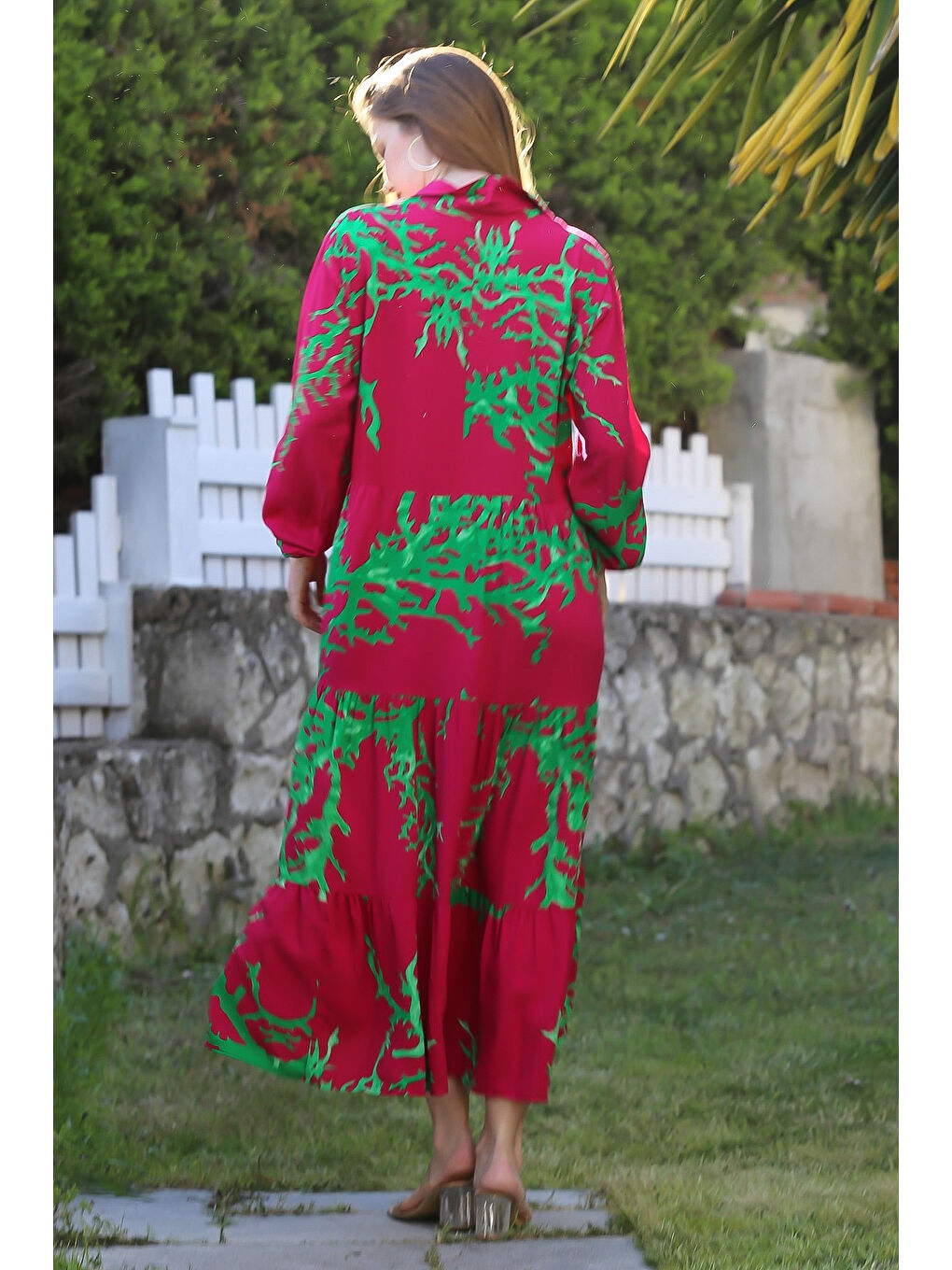 Fuşya Gömlek Yaka Balon Kol Düğmeli Eteği Fırfırlı Casual Viskon Dokuma Elbise 120 65-5