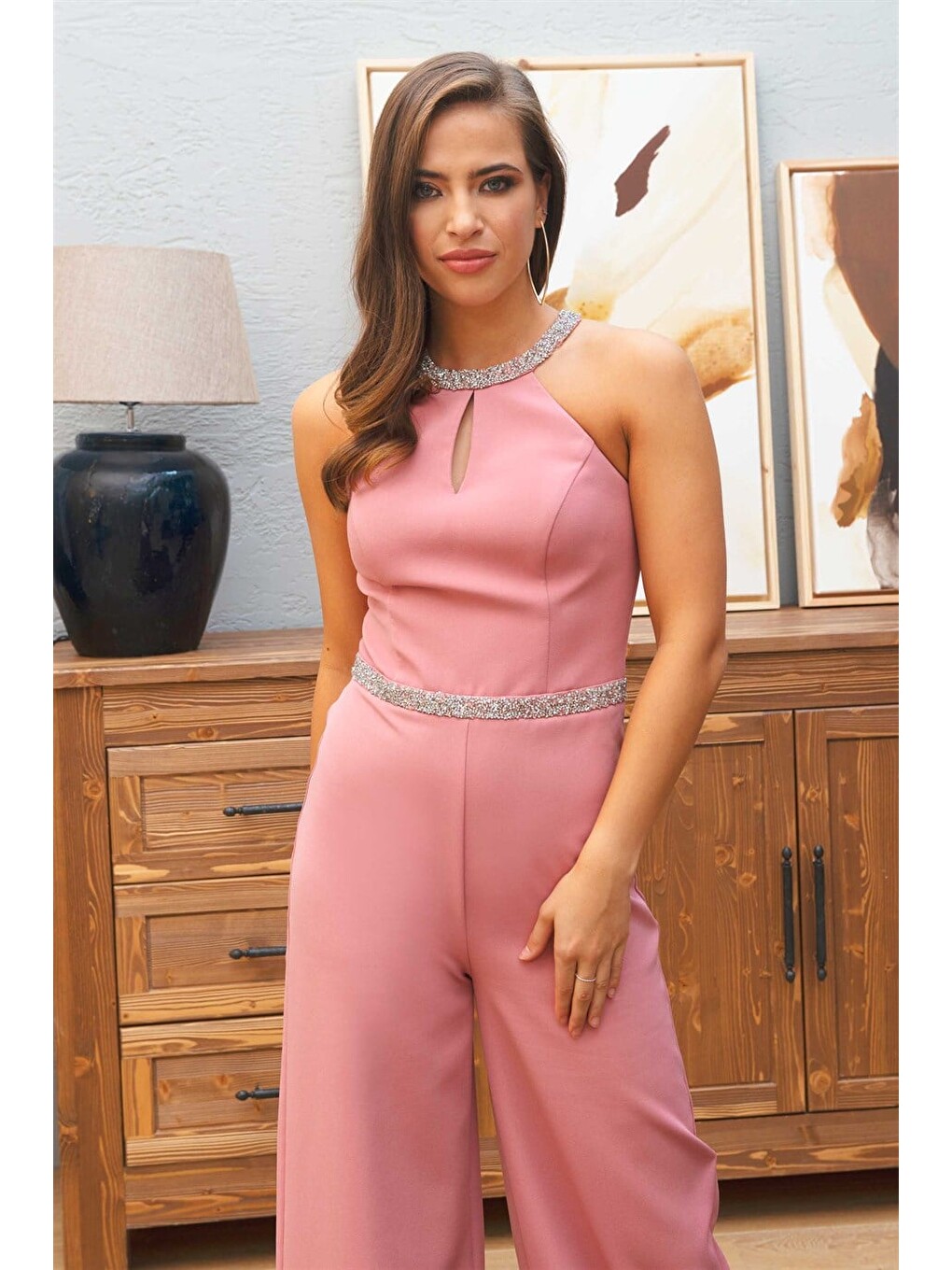 Pembe Pudra Yakası Beli Taşlı Tulum-3