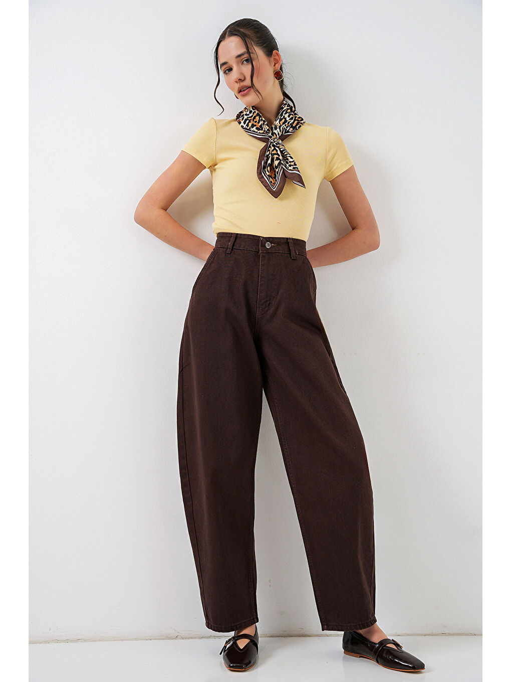 6689 Kadın Yüksek Bel Baggy Jean Pantolon - Kahverengi