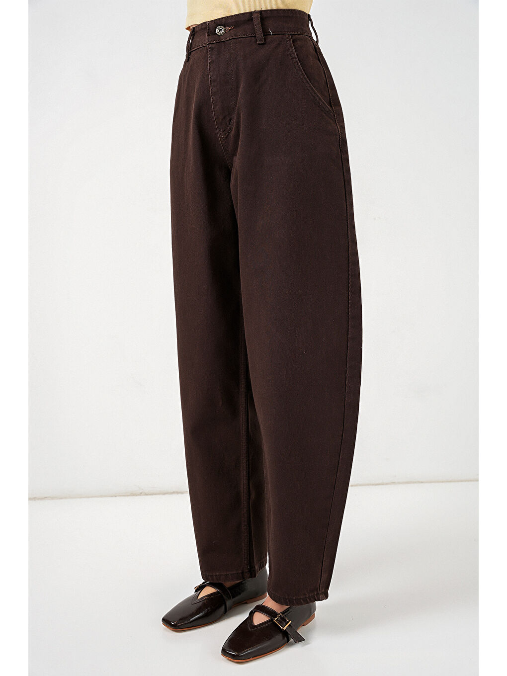 6689 Kadın Yüksek Bel Baggy Jean Pantolon - Kahverengi-1