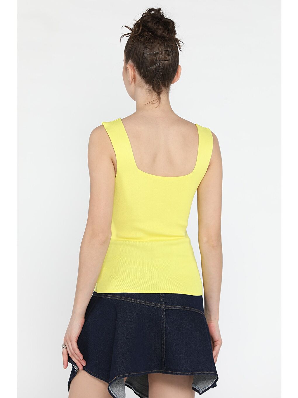 Sarı Kadın Kare Yaka Kalın Askılı Elastanlı Triko Bluz-3