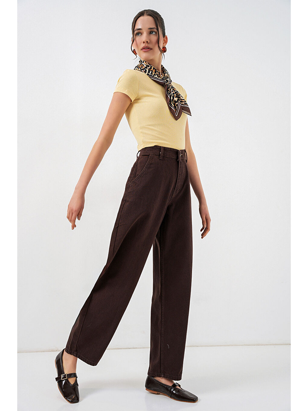 6689 Kadın Yüksek Bel Baggy Jean Pantolon - Kahverengi-2