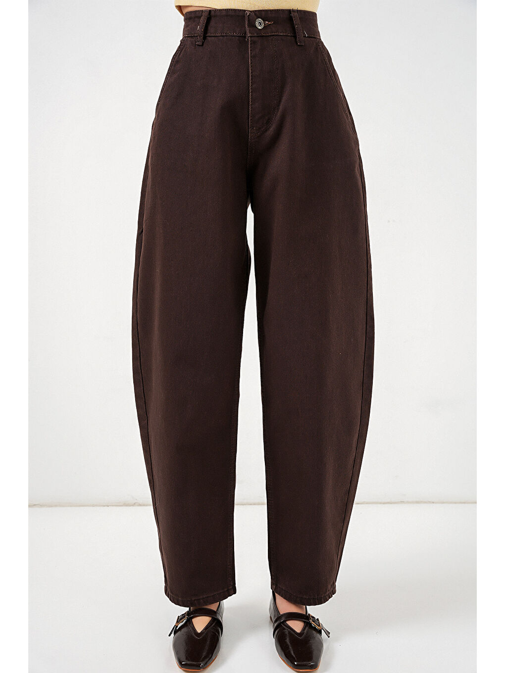 6689 Kadın Yüksek Bel Baggy Jean Pantolon - Kahverengi-3