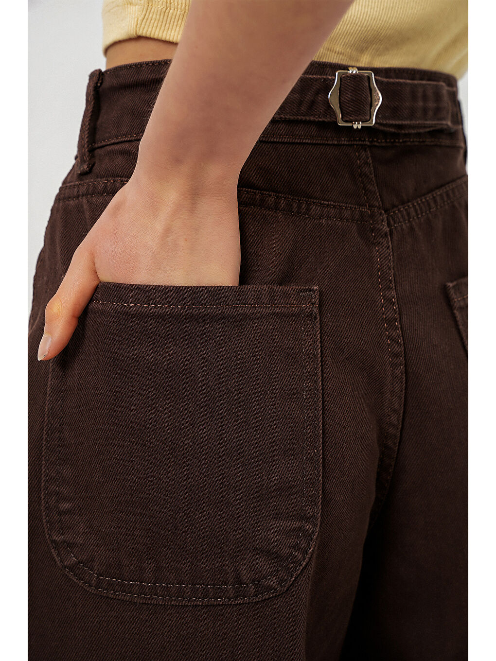 6689 Kadın Yüksek Bel Baggy Jean Pantolon - Kahverengi-4