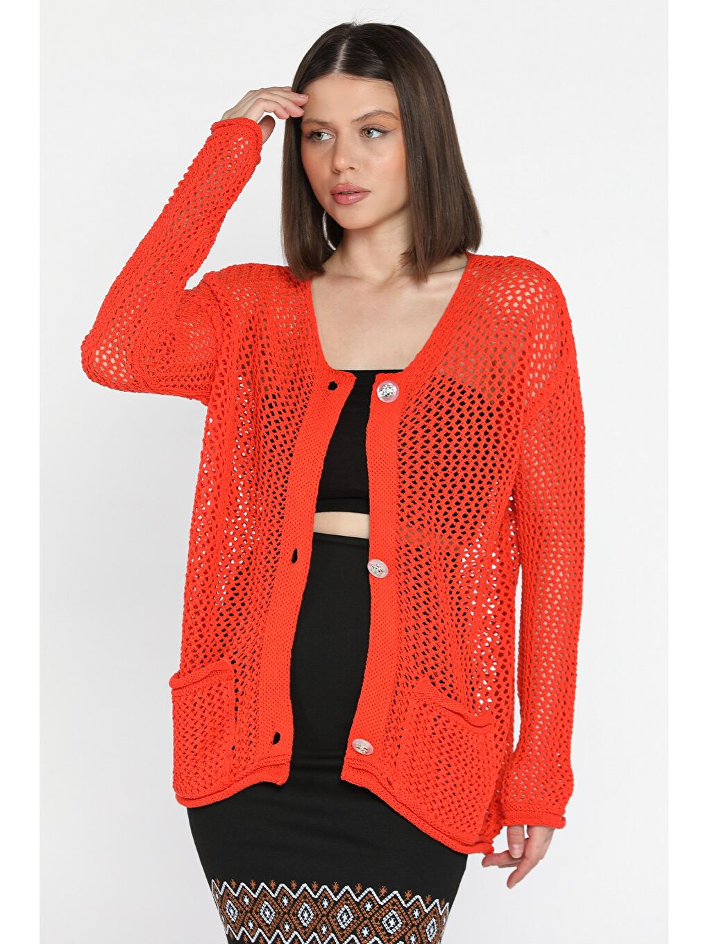 Turuncu Düğme Detaylı Ajurlu Kadın Triko Hırka