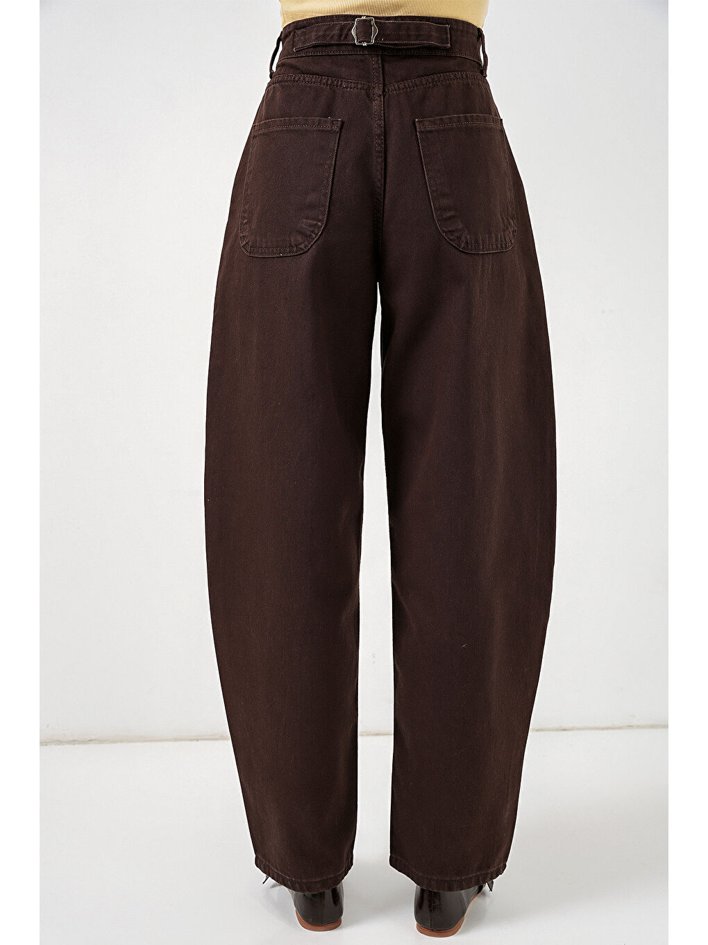 6689 Kadın Yüksek Bel Baggy Jean Pantolon - Kahverengi-5