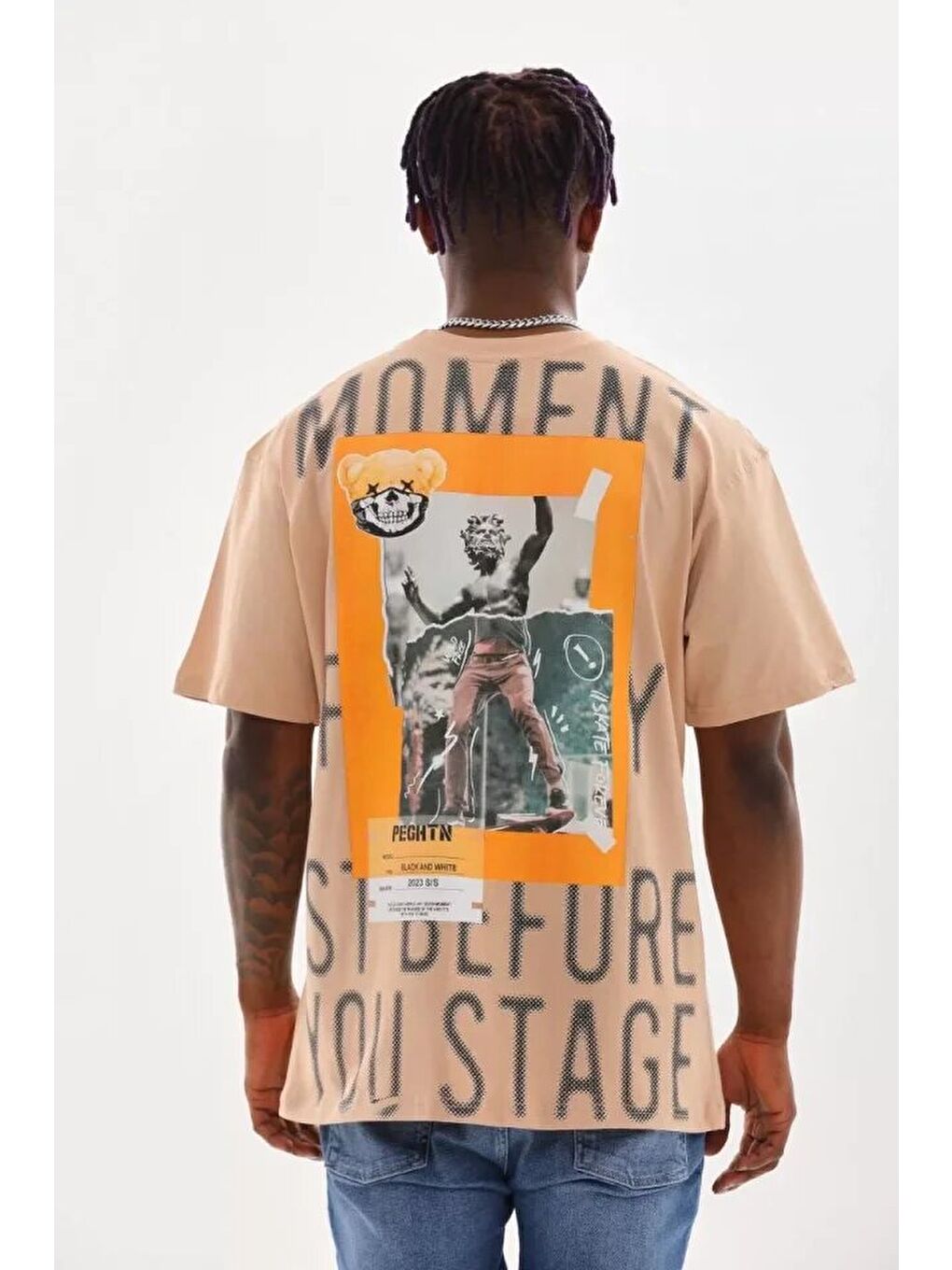 Unisex Baskılı Oversize T-Shirt - Bej-1