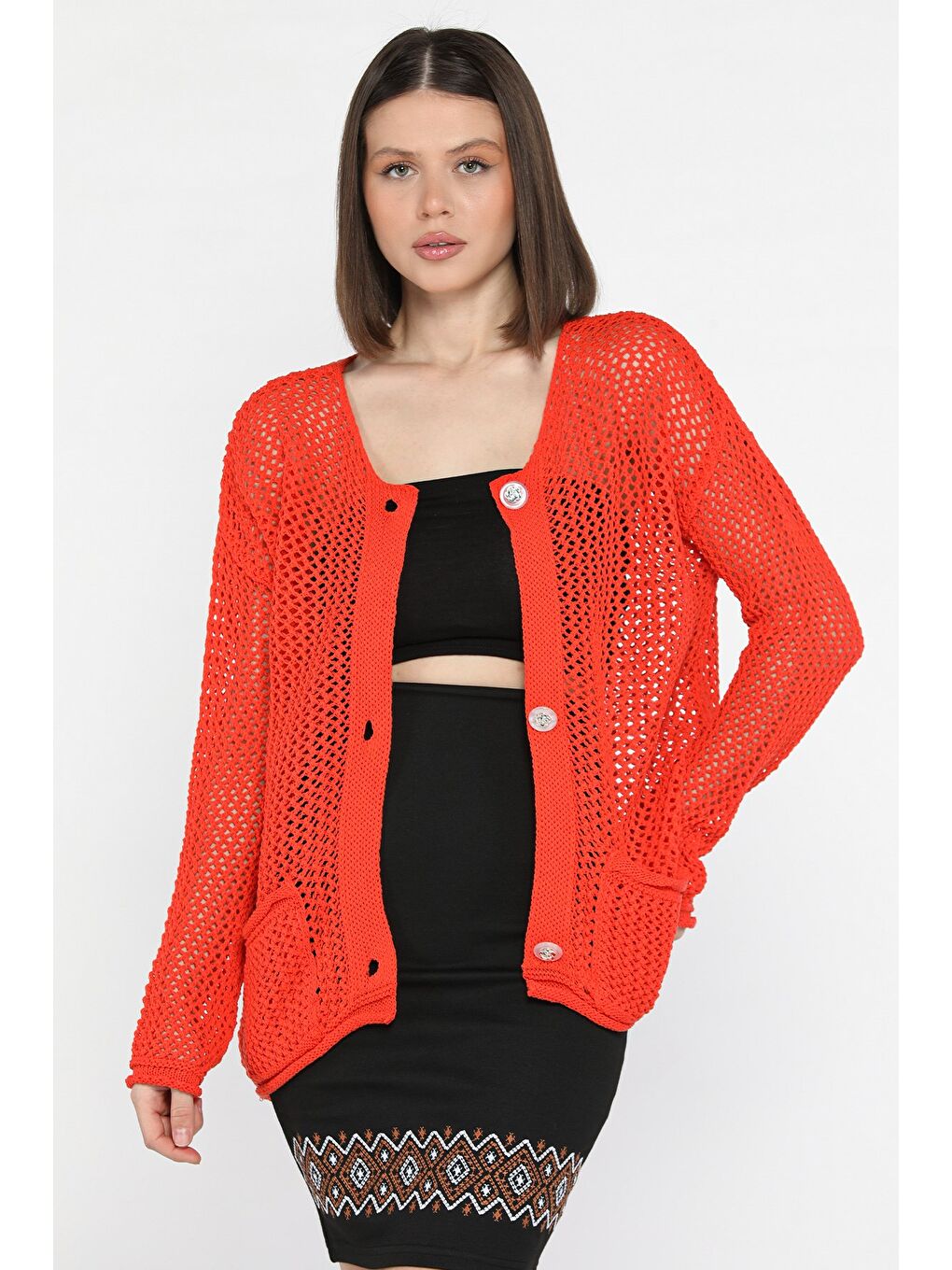 Turuncu Düğme Detaylı Ajurlu Kadın Triko Hırka-1