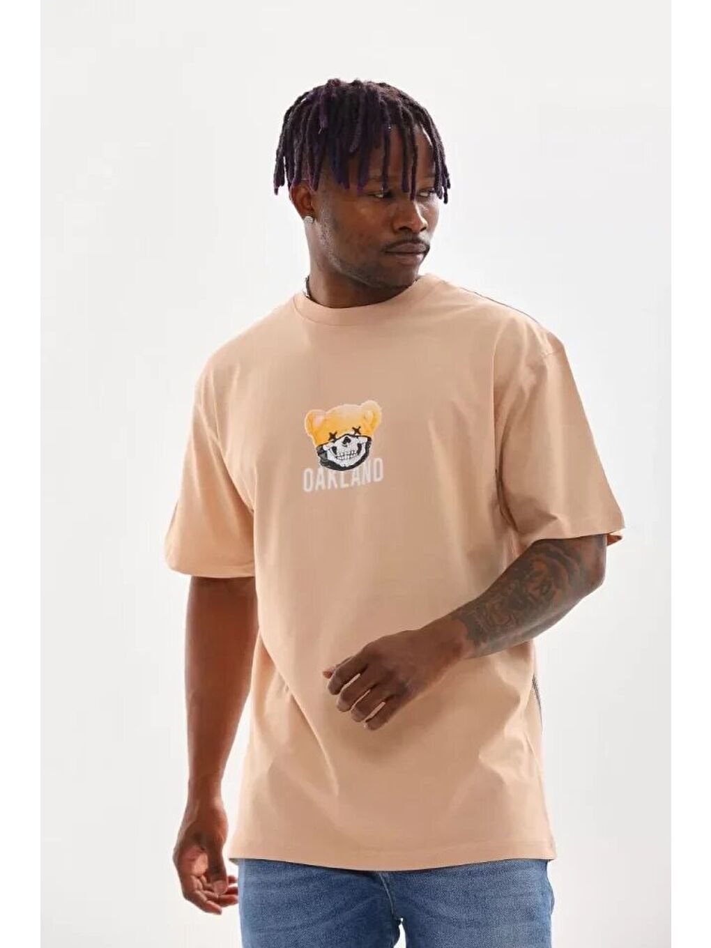 Unisex Baskılı Oversize T-Shirt - Bej-2