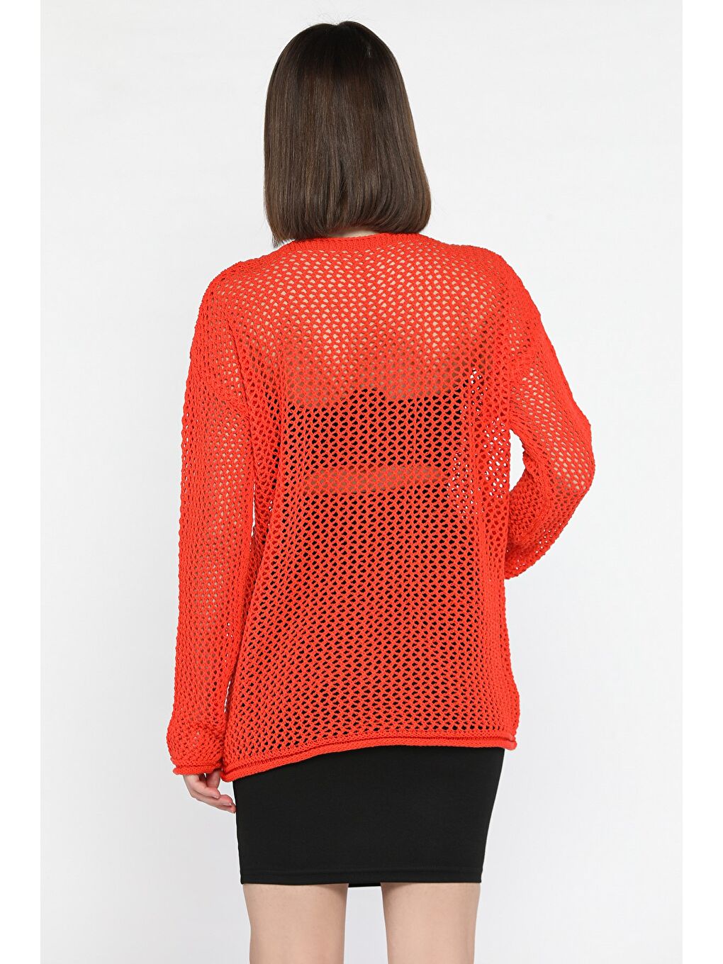 Turuncu Düğme Detaylı Ajurlu Kadın Triko Hırka-2