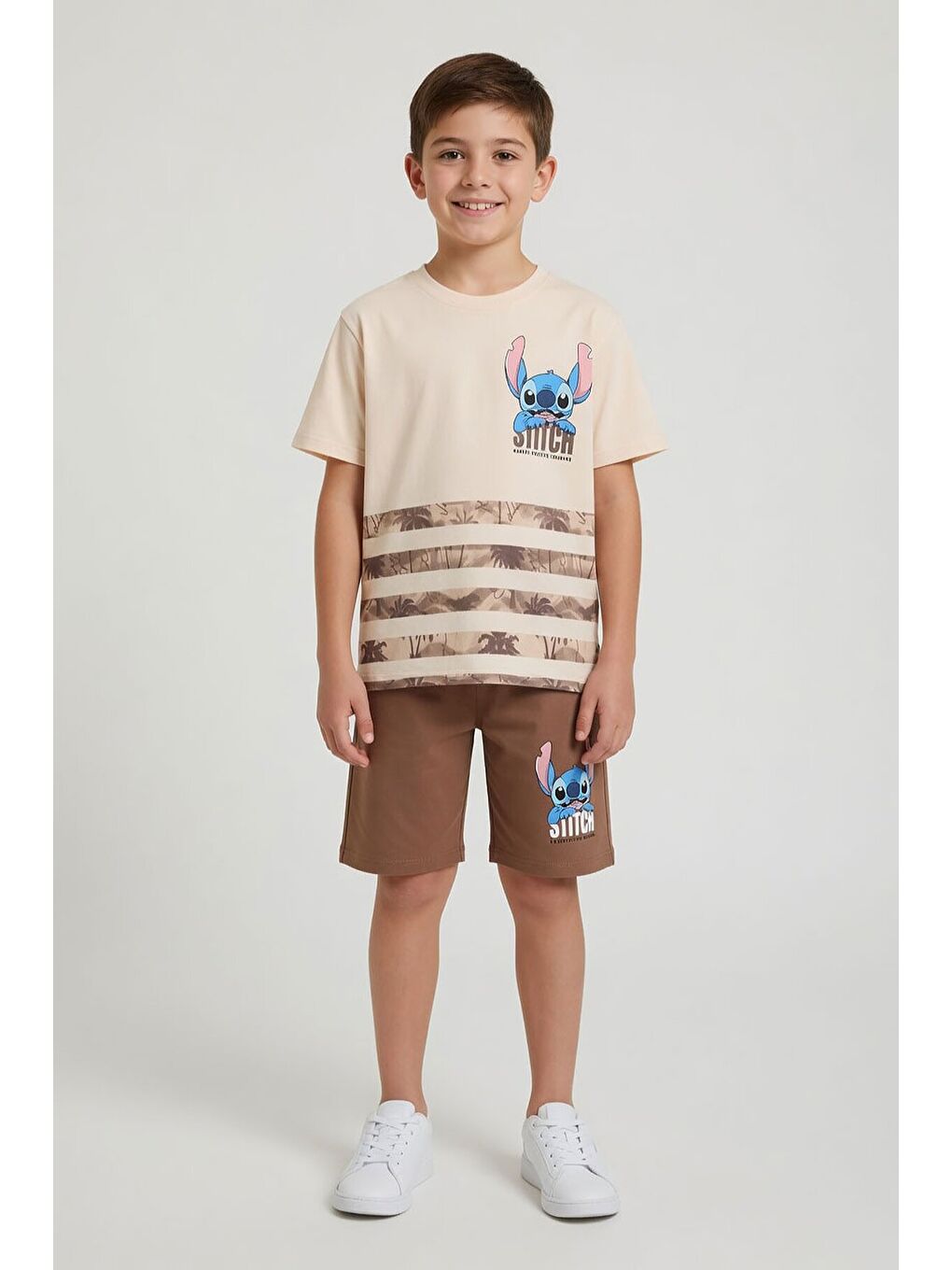 Kahverengi Palmiye Desenli Çizgili Tişörtlü Erkek Çocuk Şortlu 2li Takım 23932