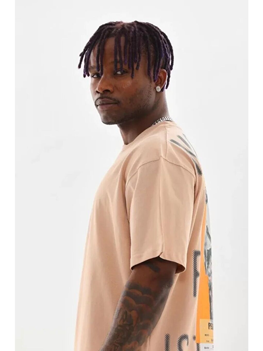 Unisex Baskılı Oversize T-Shirt - Bej-3