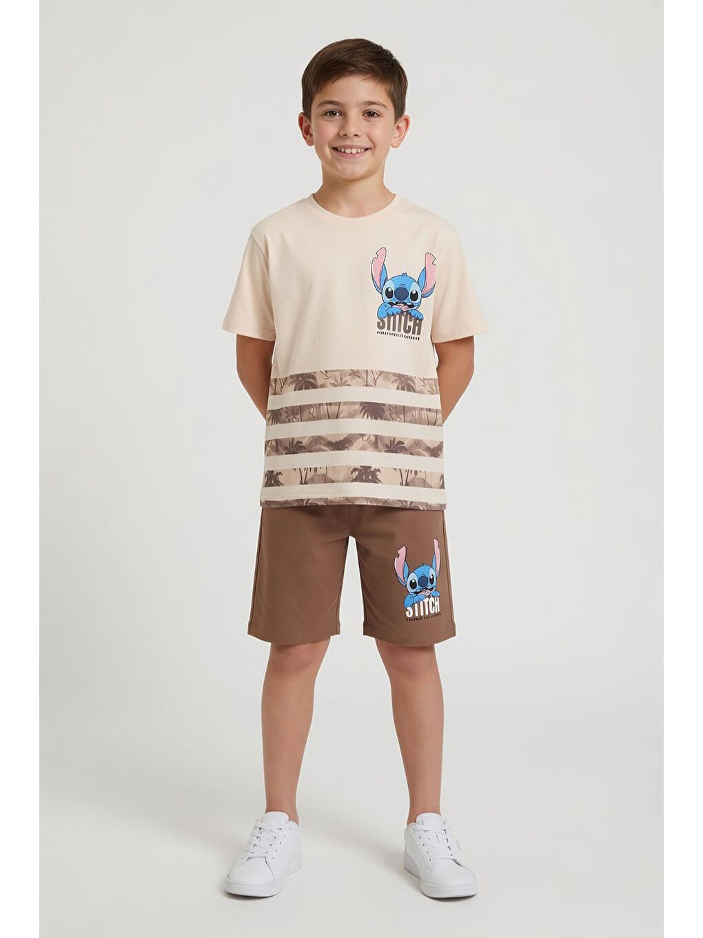 Kahverengi Palmiye Desenli Çizgili Tişörtlü Erkek Çocuk Şortlu 2li Takım 23932-2