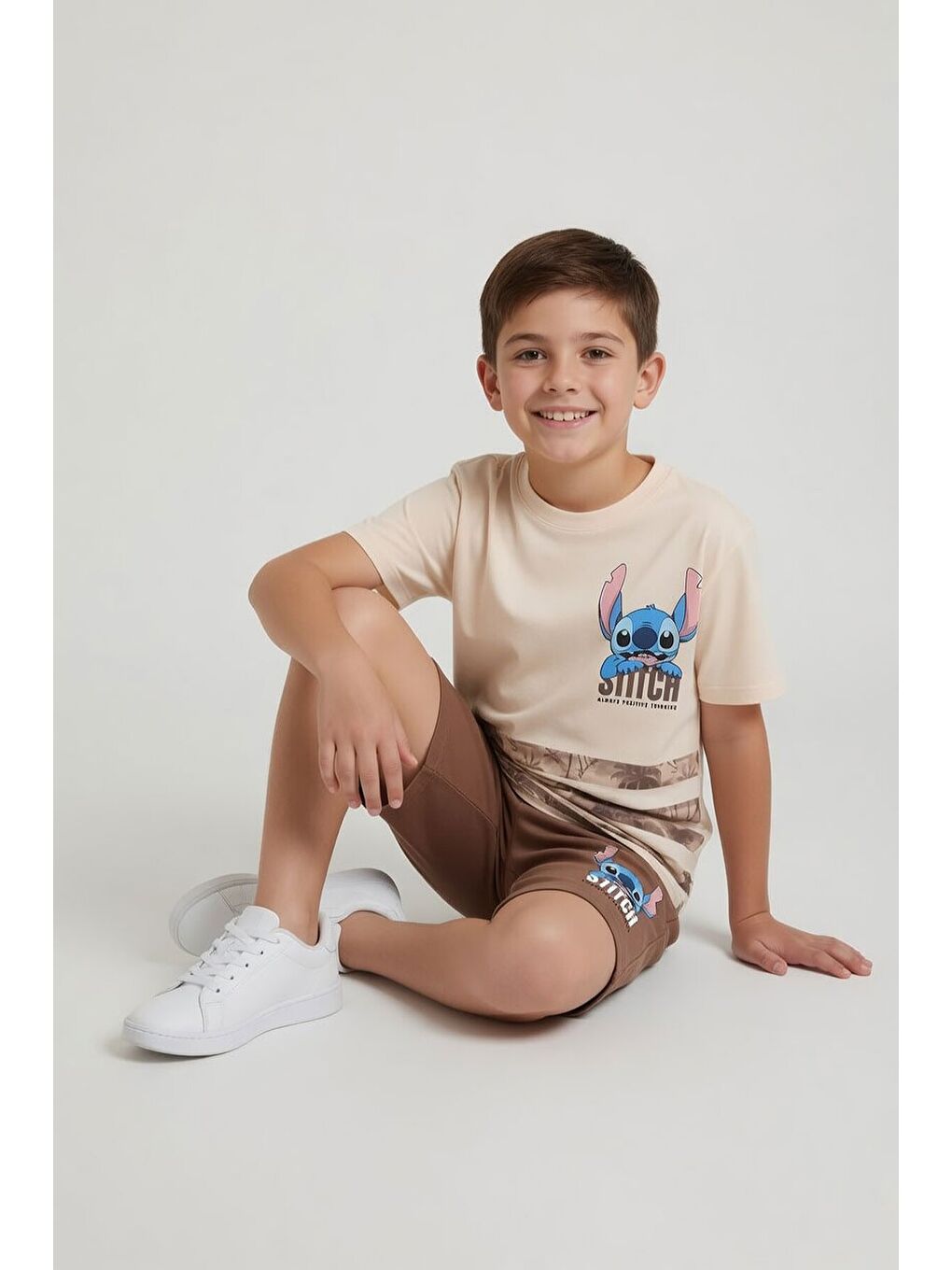 Kahverengi Palmiye Desenli Çizgili Tişörtlü Erkek Çocuk Şortlu 2li Takım 23932-3