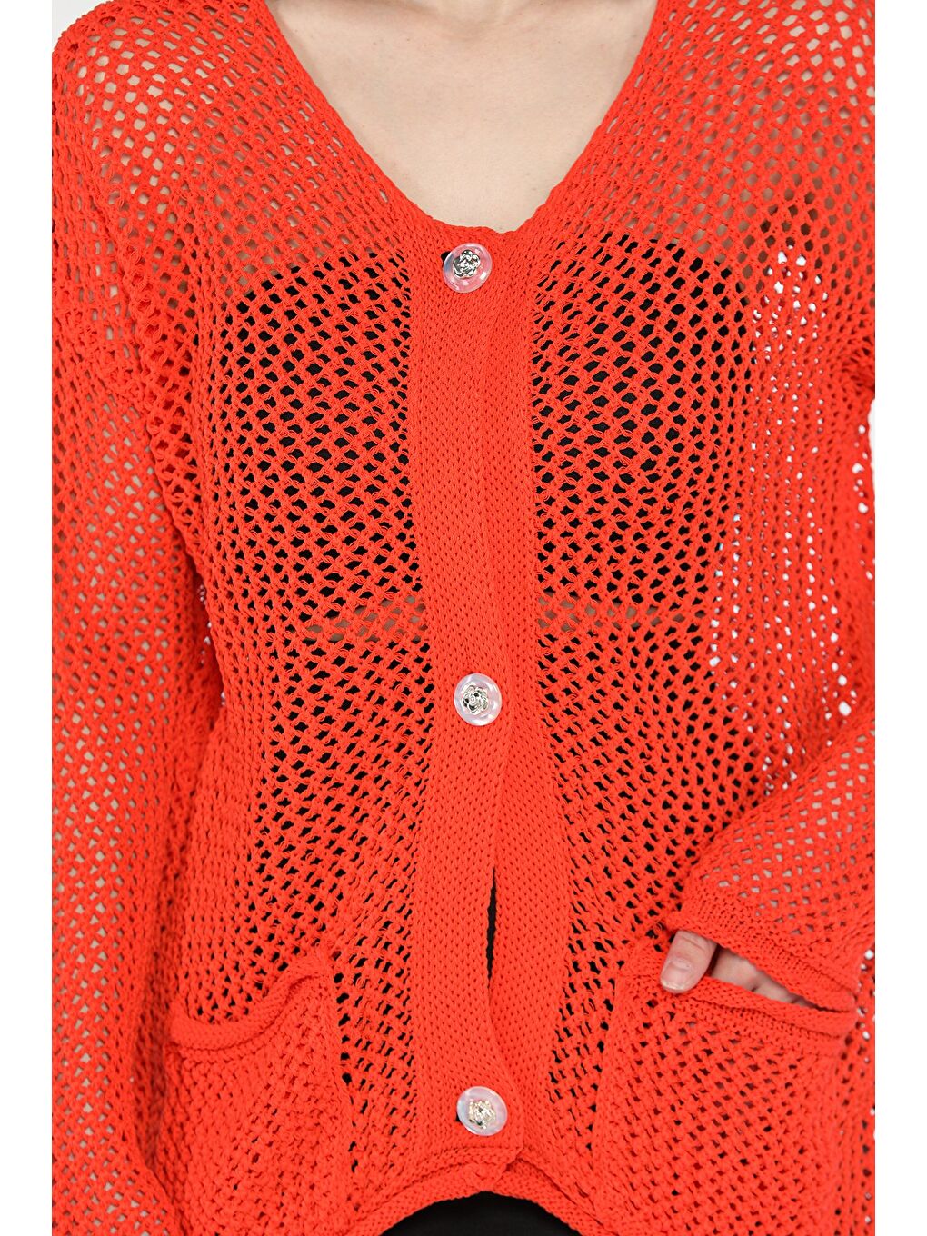 Turuncu Düğme Detaylı Ajurlu Kadın Triko Hırka-3