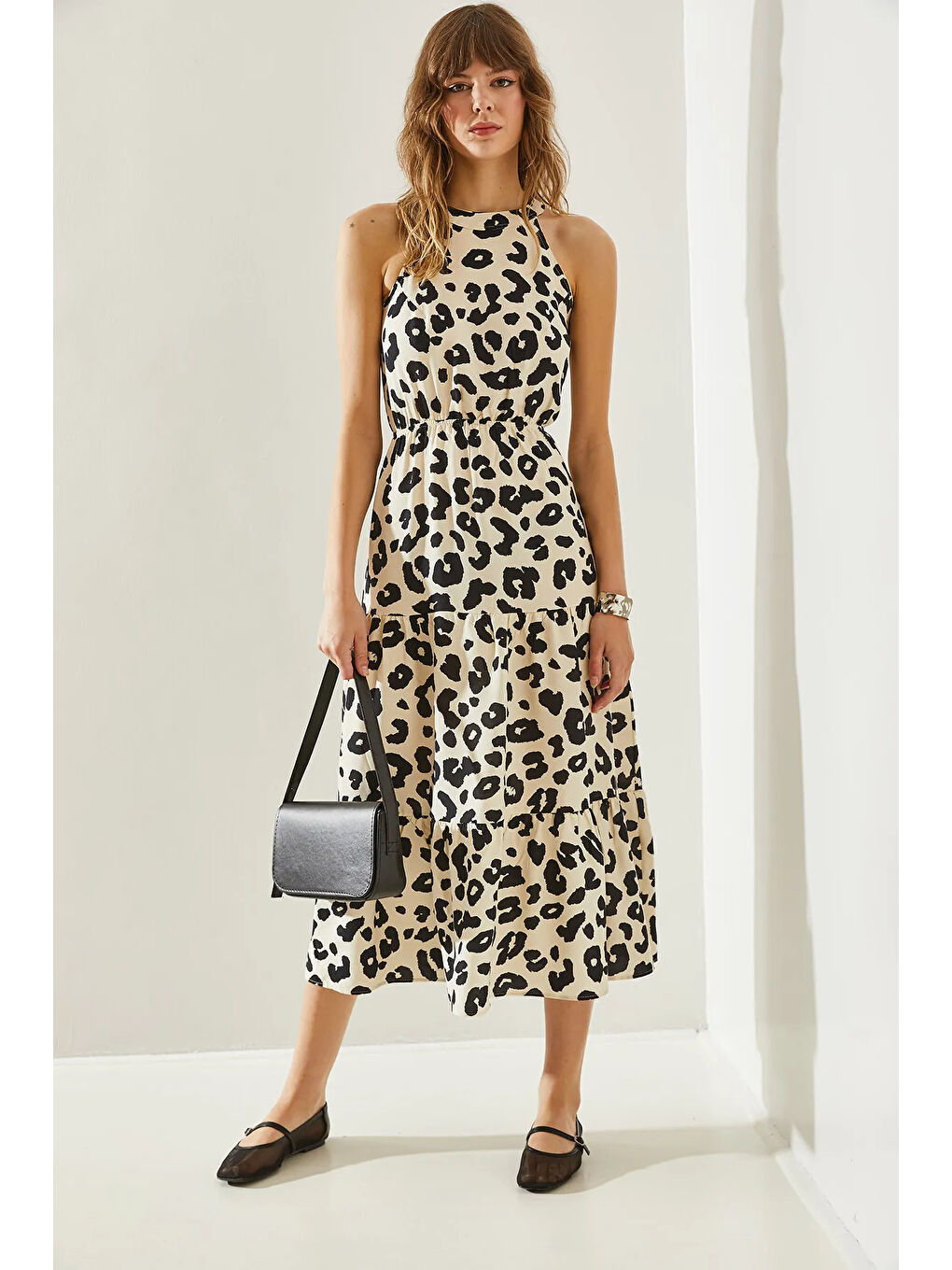 Ekru Kadın Halter Yaka Elbise-2