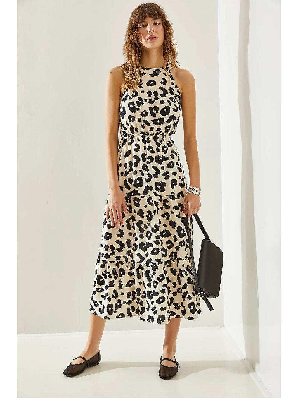 Ekru Kadın Halter Yaka Elbise-3