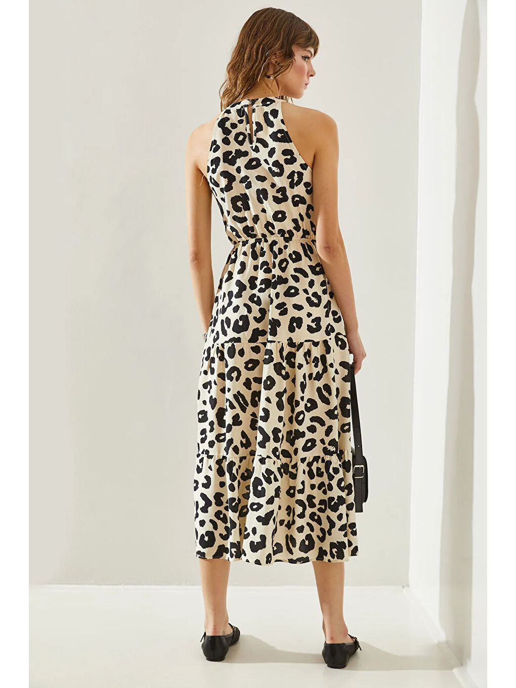 Ekru Kadın Halter Yaka Elbise-4