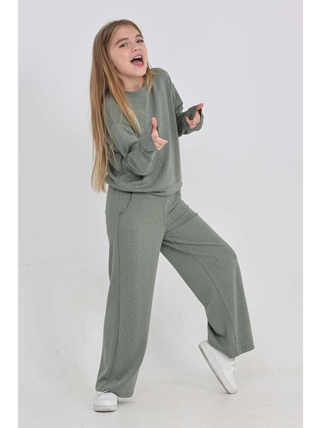 Yeşil Kız Çocuk Oysho Kumaş Geniş Paçalı Taş Süslemeli Alt-Üst Takım 12305