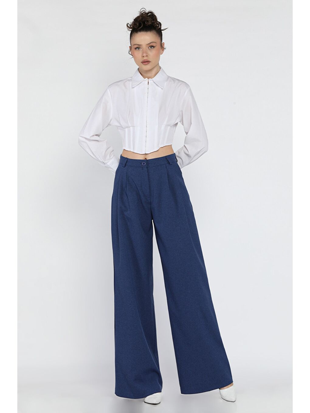 İndigo Kadın Yüksek Bel Pileli Kumaş Pantolon-1