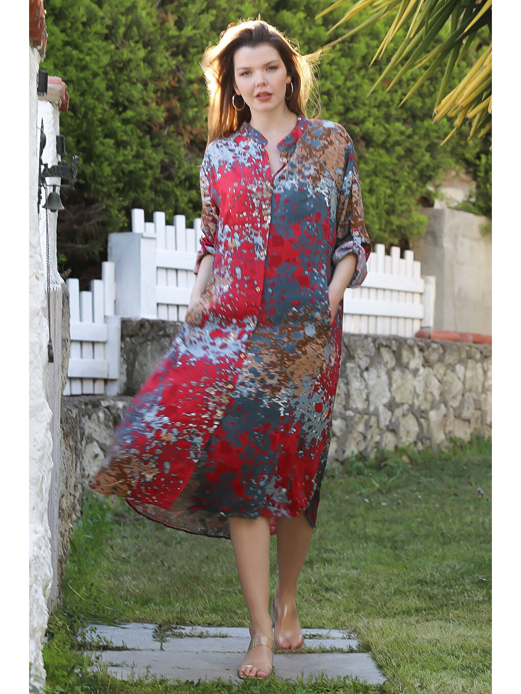 Kırmızı Hakim Yaka Düğmeli Uzun Kollu Gizli Cepli Casual Viskon Dokuma Elbise 125 65-2