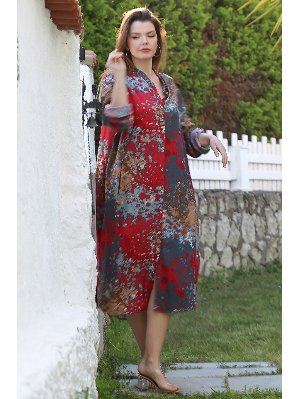 Kırmızı Hakim Yaka Düğmeli Uzun Kollu Gizli Cepli Casual Viskon Dokuma Elbise 125 65-3