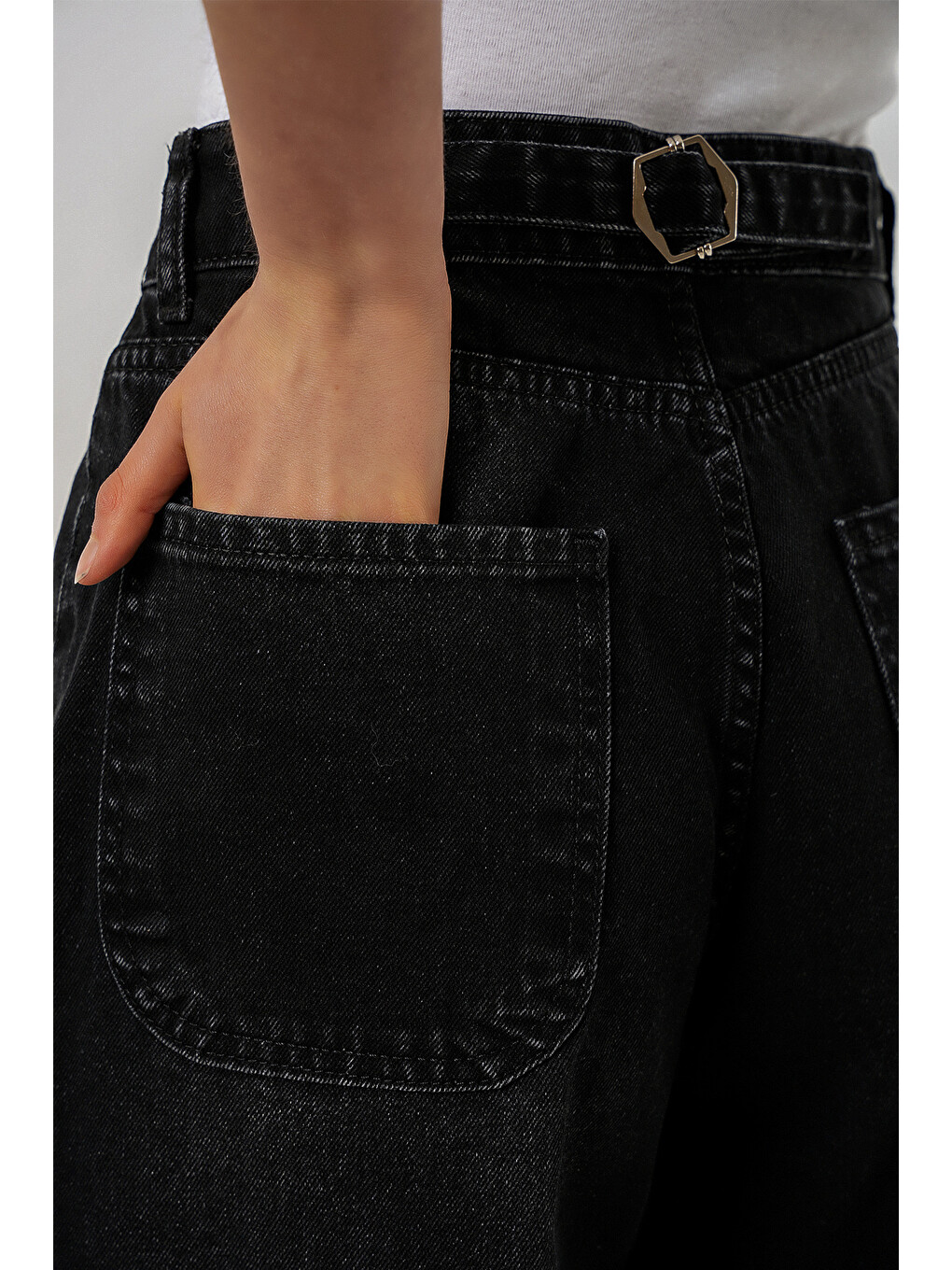 6689 Kadın Yüksek Bel Baggy Jean Pantolon - Siyah-4