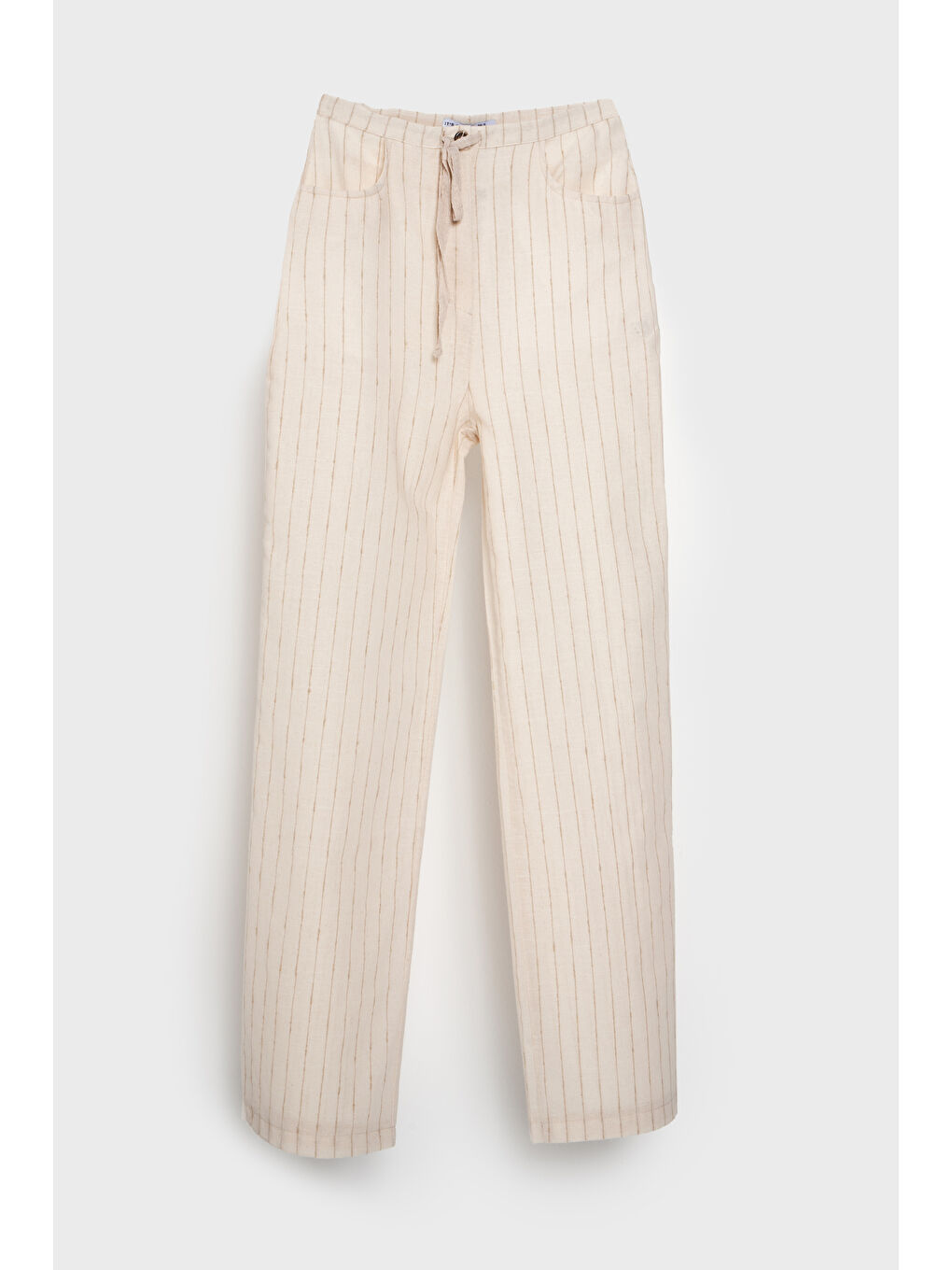 Kadın Bej Çizgili Renk s5-101 Belden Bağcıklı Bol Kesim Keten Kumaş Pantolon-1