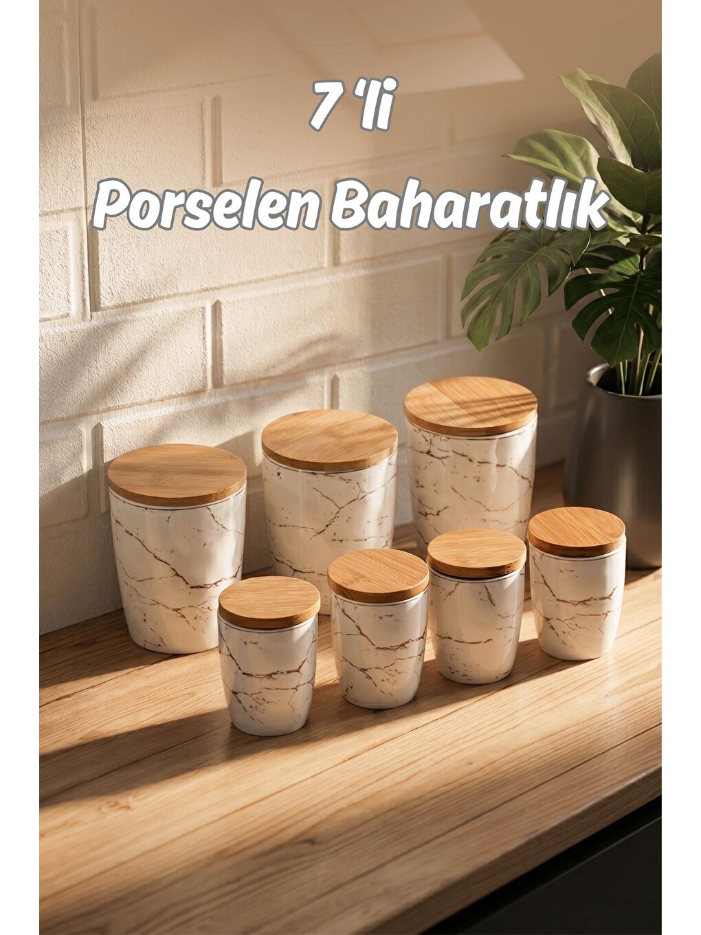 Beyaz Pxm2673-7/s Marble 7 Parça Bambu Vakum Kapaklı Porselen Baharat Takımı Baharatlık Seti