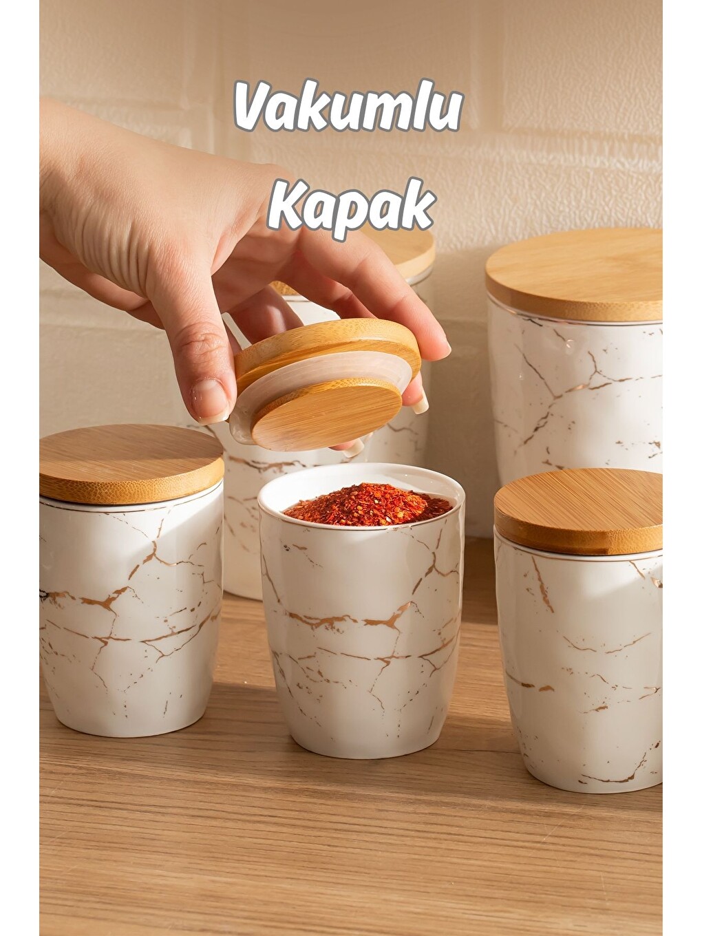 Beyaz Pxm2673-7/s Marble 7 Parça Bambu Vakum Kapaklı Porselen Baharat Takımı Baharatlık Seti-1