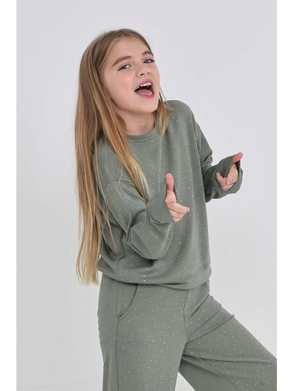 Yeşil Kız Çocuk Oysho Kumaş Geniş Paçalı Taş Süslemeli Alt-Üst Takım 12305-1