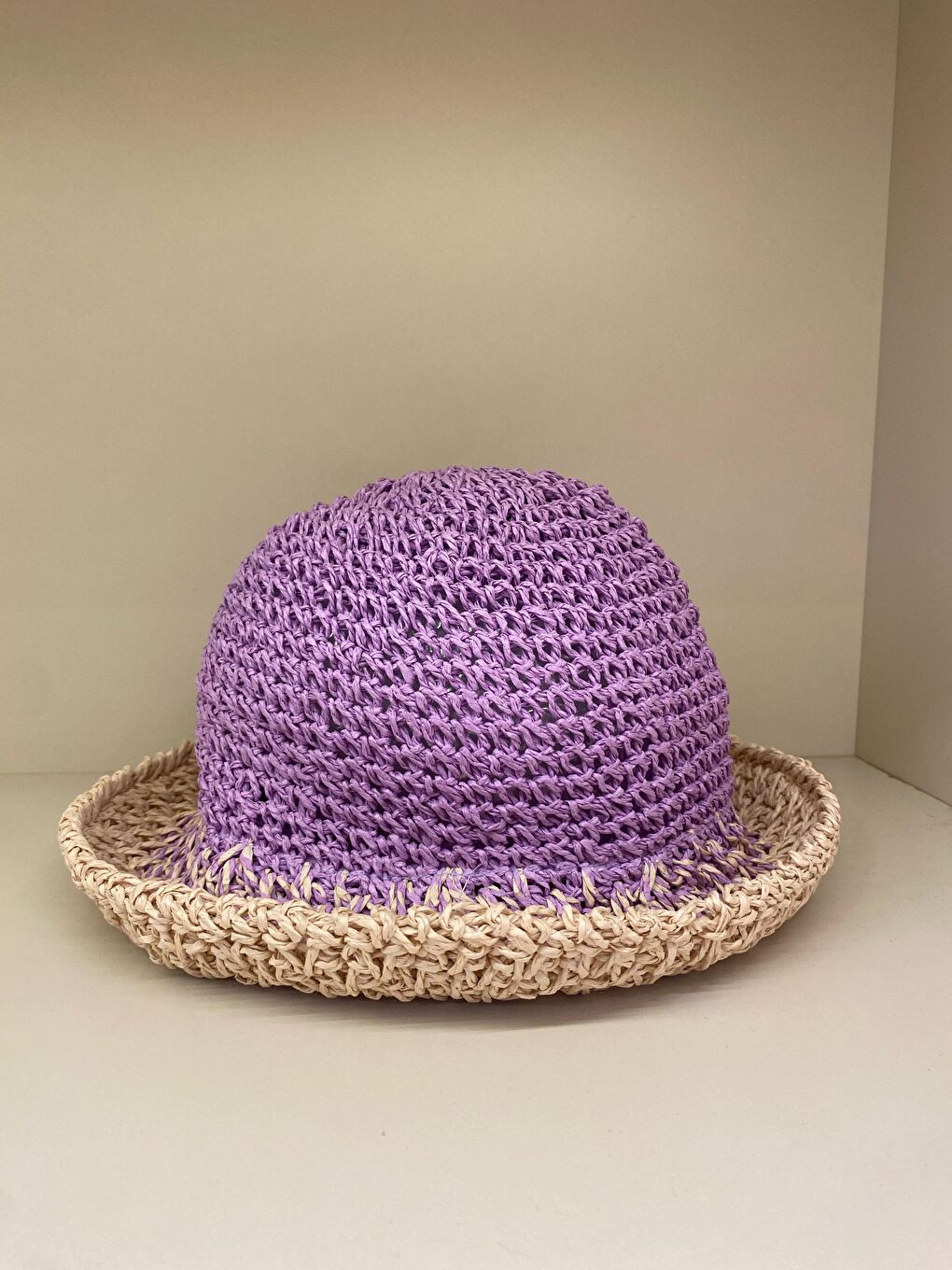 Bej Kadın Lila El Örgüsü Hasır Şapka HSR2072