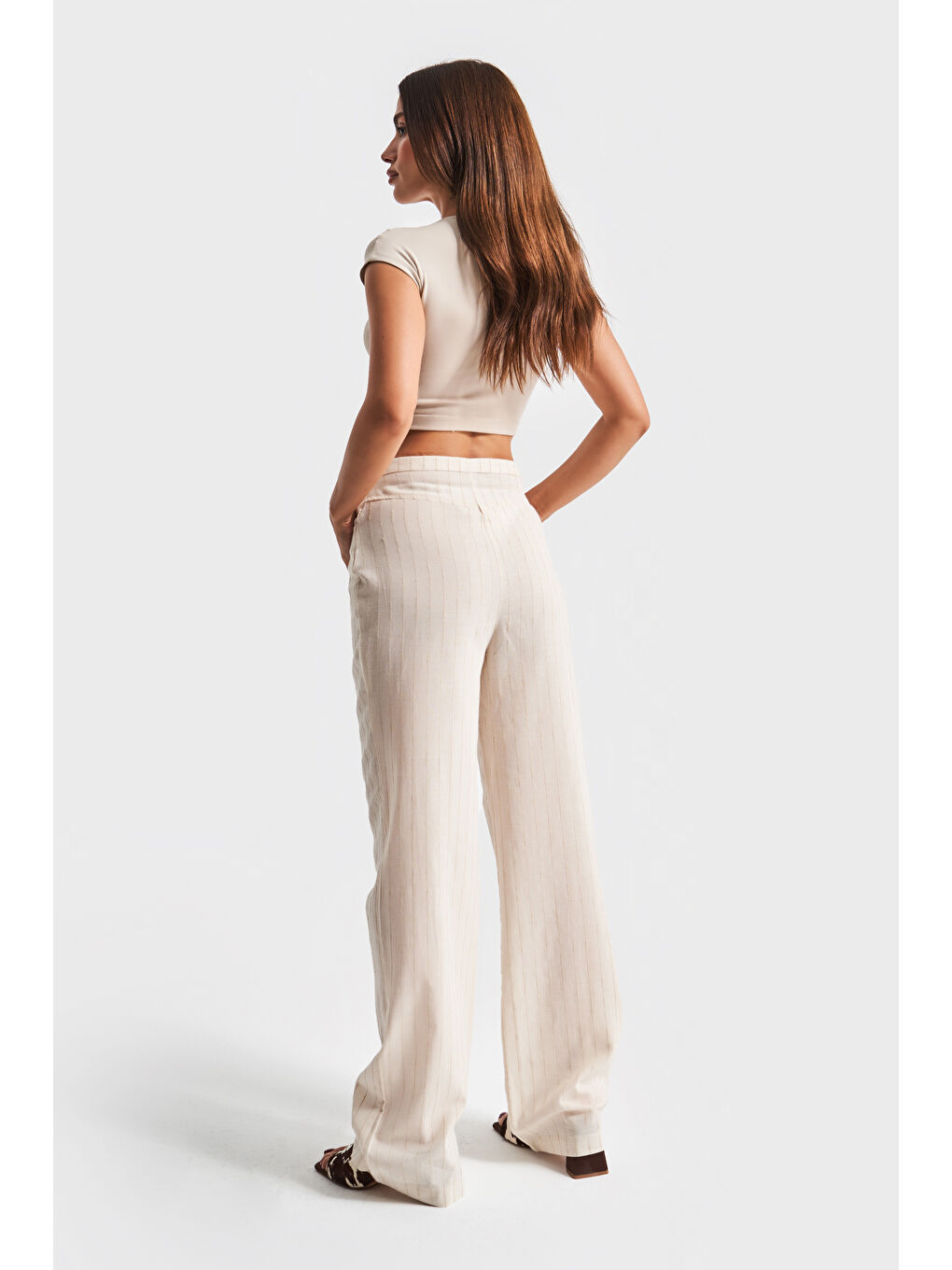 Kadın Bej Çizgili Renk s5-101 Belden Bağcıklı Bol Kesim Keten Kumaş Pantolon-4