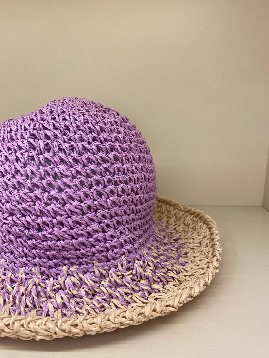 Bej Kadın Lila El Örgüsü Hasır Şapka HSR2072-1