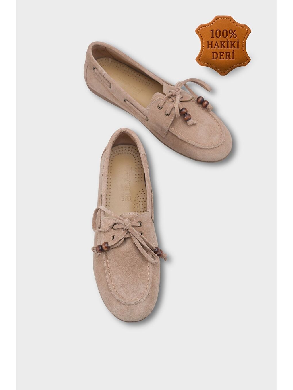 Bej Vicki Hakiki Deri Süet Bağcıklı Boncuklu Konfor Kadın Loafer Tekne Ayakkabısı-1