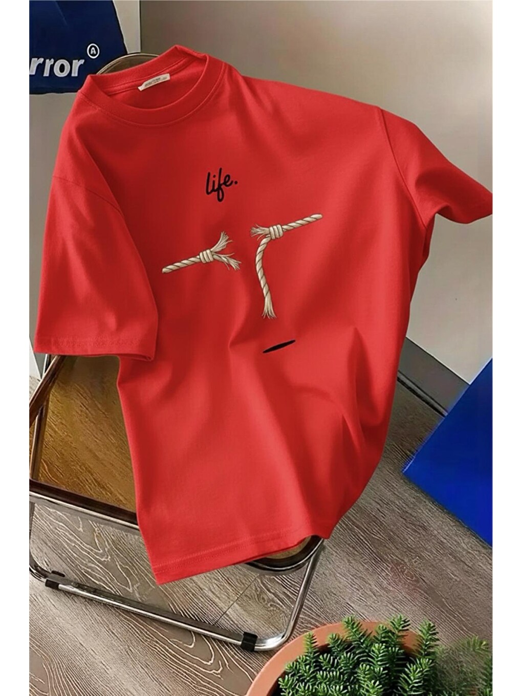 Kırmızı Life Design Minimalist İllüstrasyon Baskılı Unisex Oversize Tişört