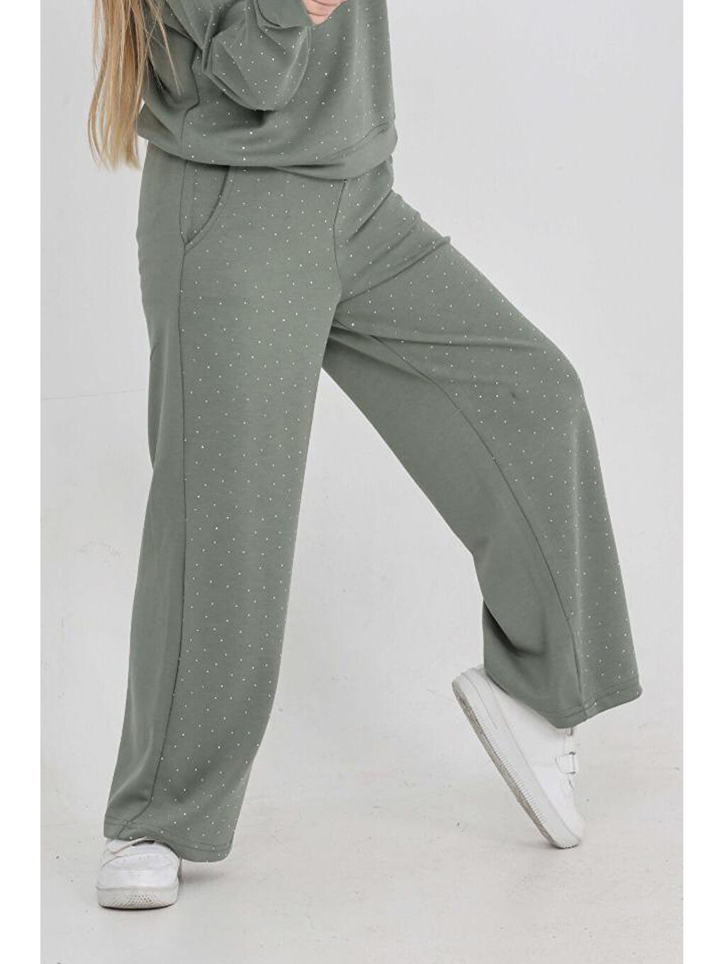 Yeşil Kız Çocuk Oysho Kumaş Geniş Paçalı Taş Süslemeli Alt-Üst Takım 12305-2