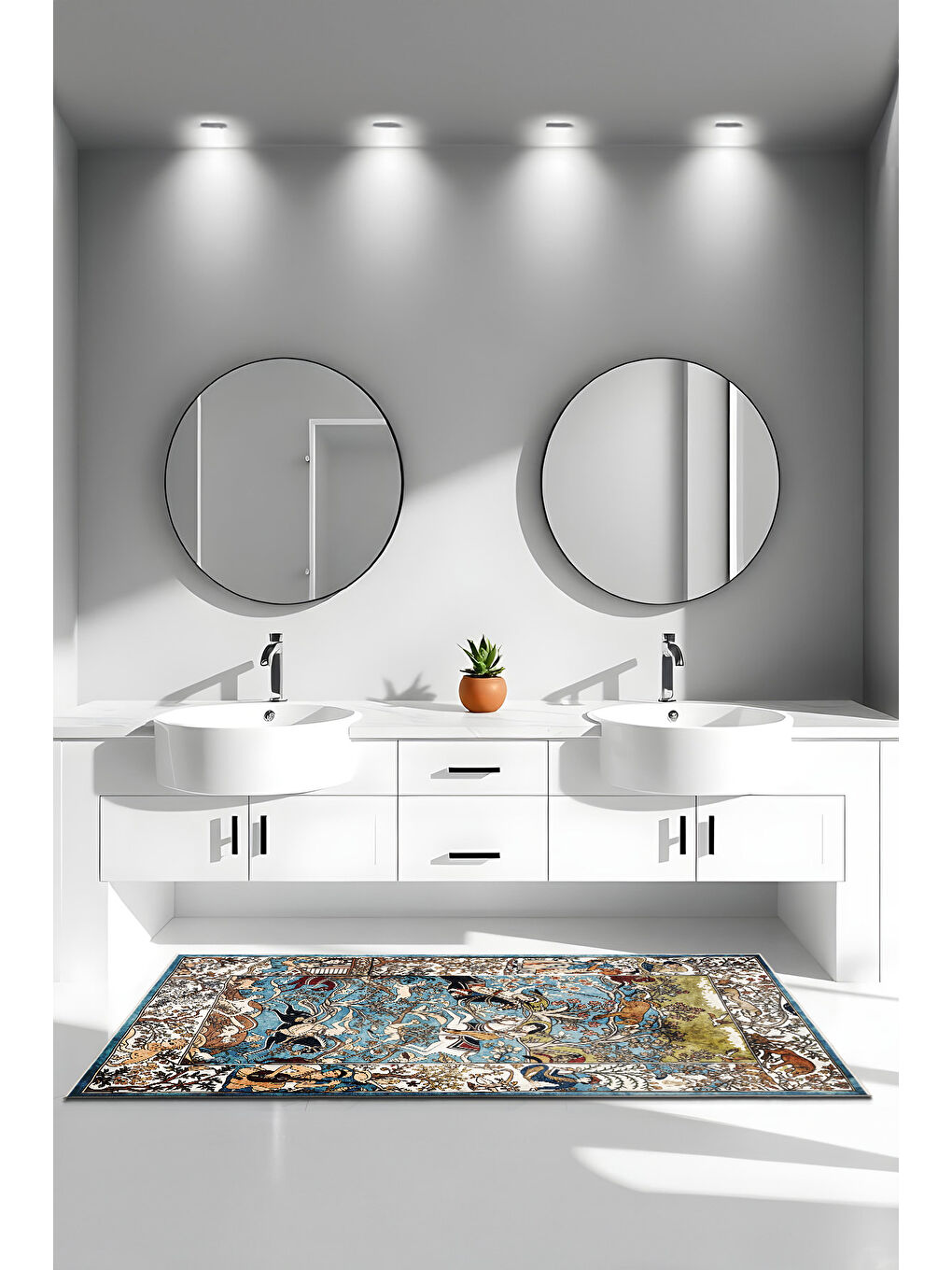 Mavi Dekoratif Özel Tasarım Yıkanabilir İnce Kaymaz Tabanlı Modern Halı KECE FR05-3