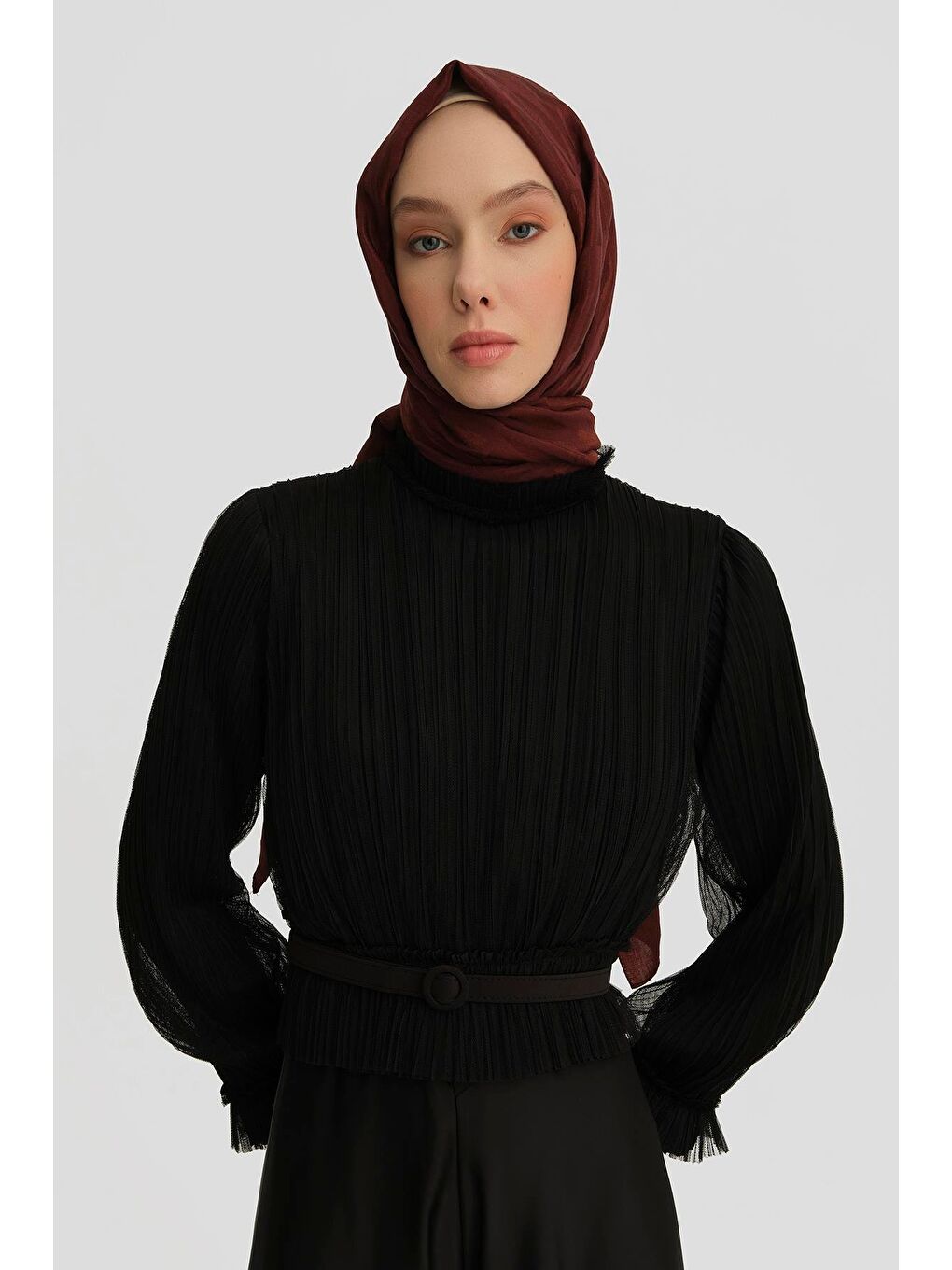 İçi Örme Üzeri Tül Bluz 24K3600 Siyah-2