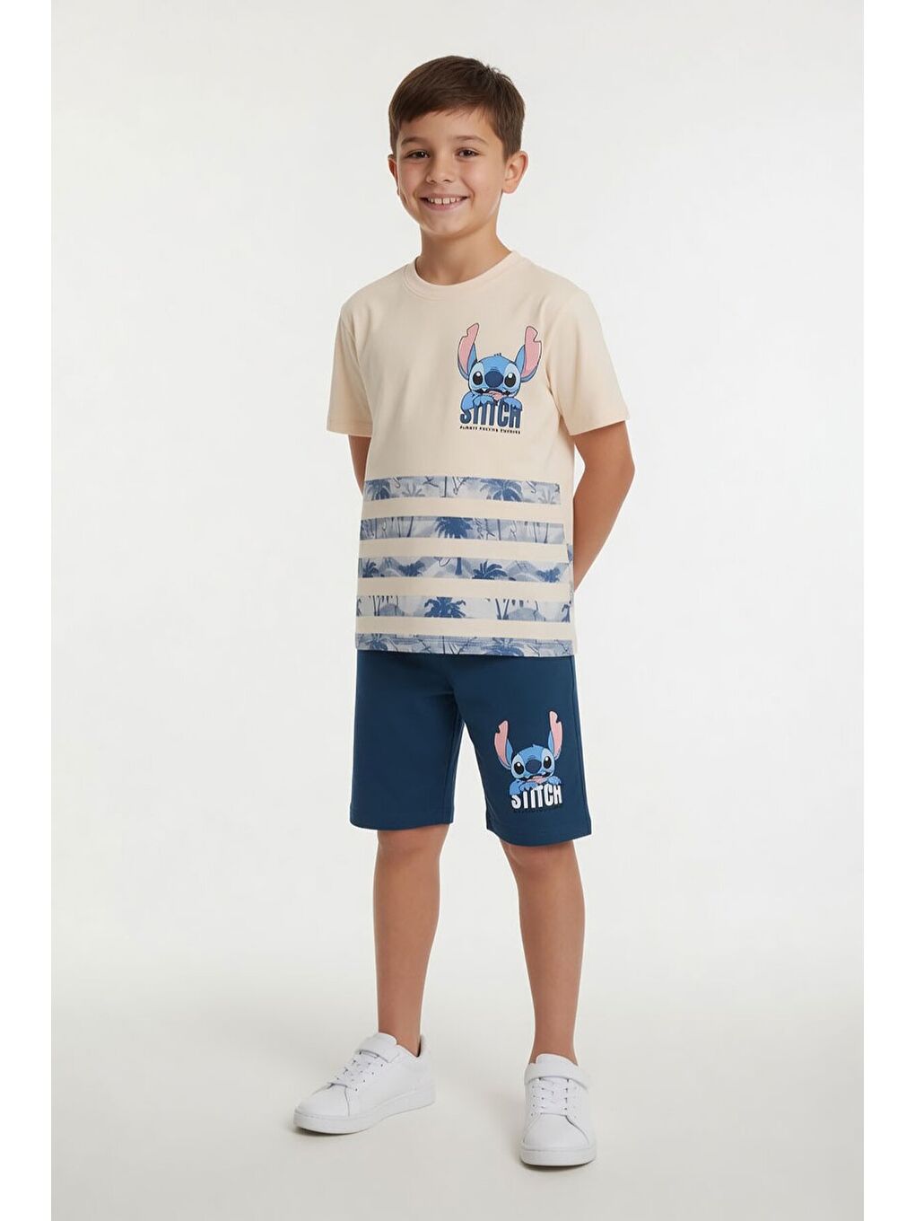 Mavi Palmiye Desenli Çizgili Tişörtlü Erkek Çocuk Şortlu 2li Takım 23931-2