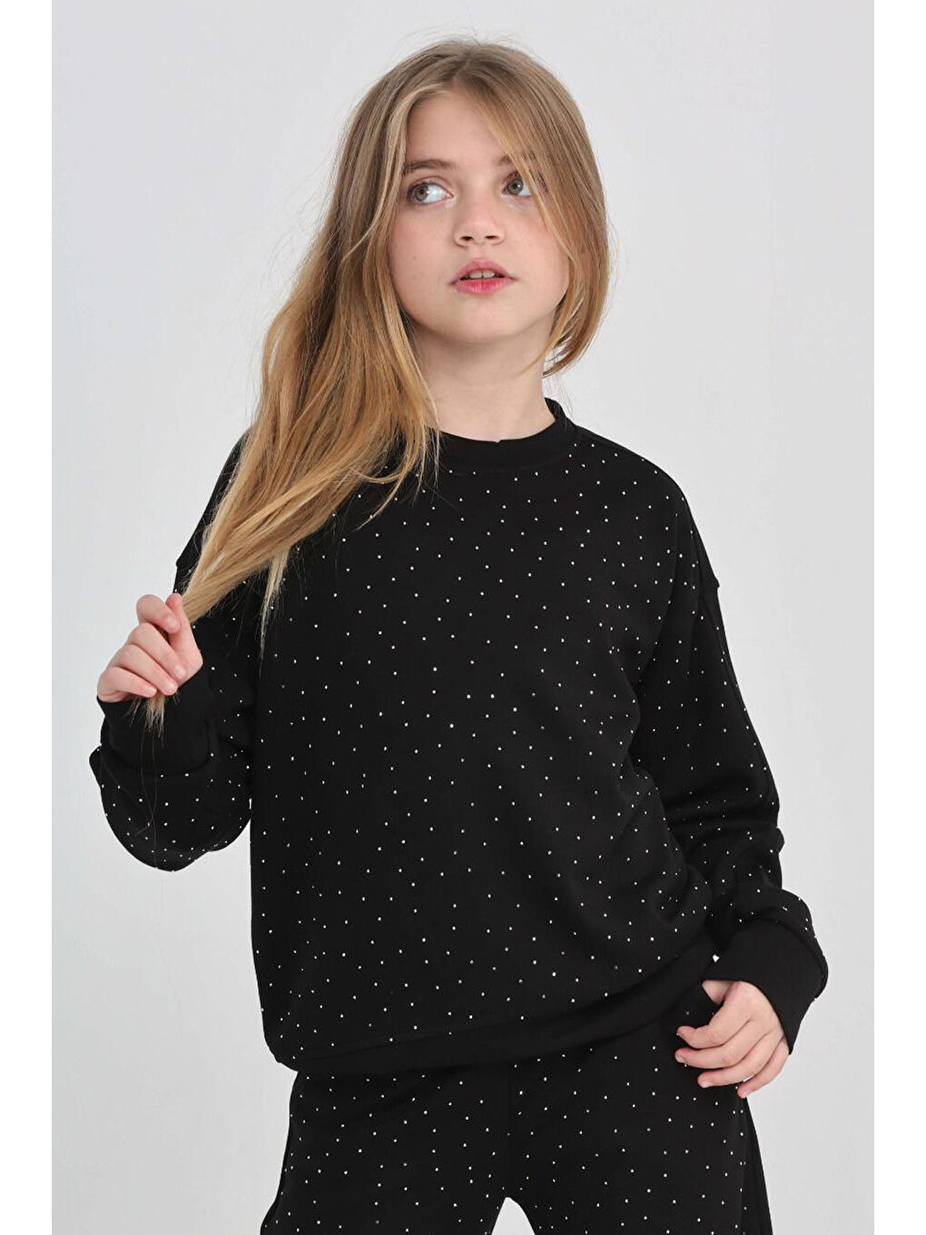 Siyah Kız Çocuk Geniş Paçalı Taş Süslemeli Double Face Kumaş Alt-Üst Takım 12305-4