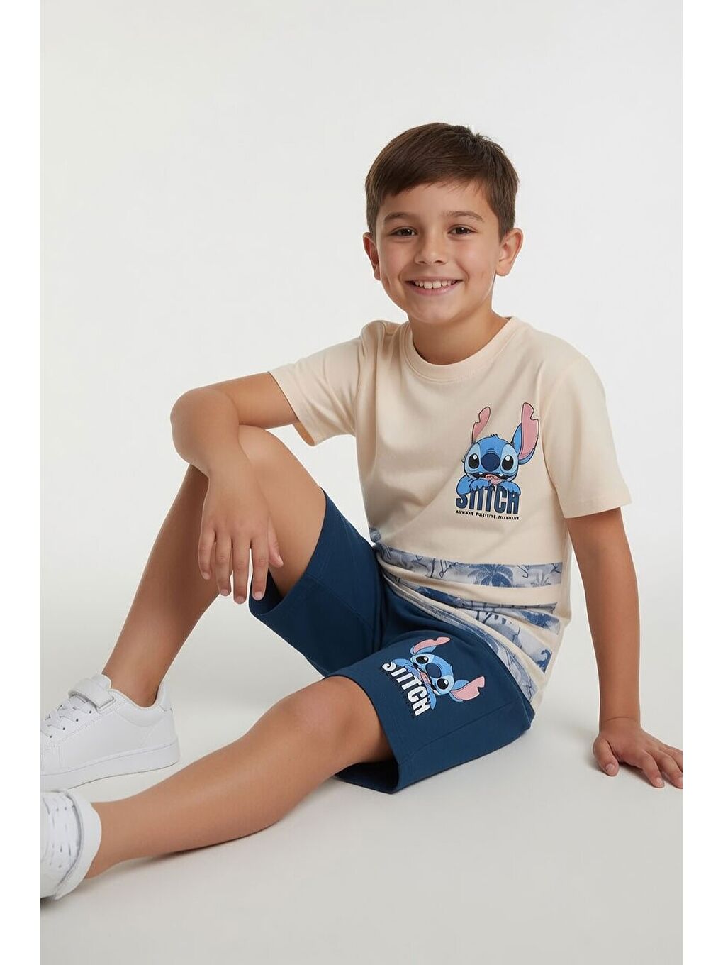 Mavi Palmiye Desenli Çizgili Tişörtlü Erkek Çocuk Şortlu 2li Takım 23931-3